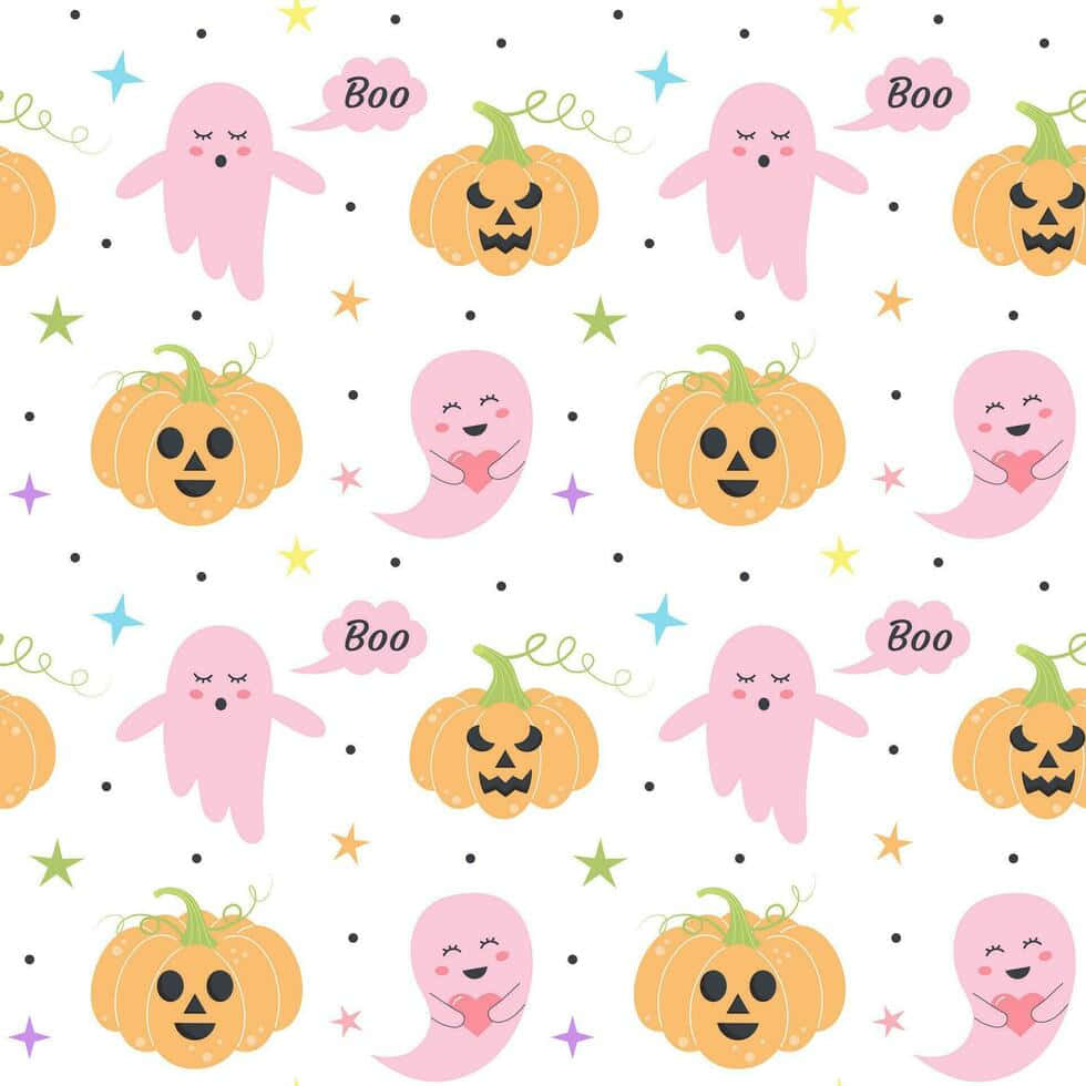 pastel halloween pattern, pink ghosts, smiling jack-o-lanterns, SD Desktop Wallpaper