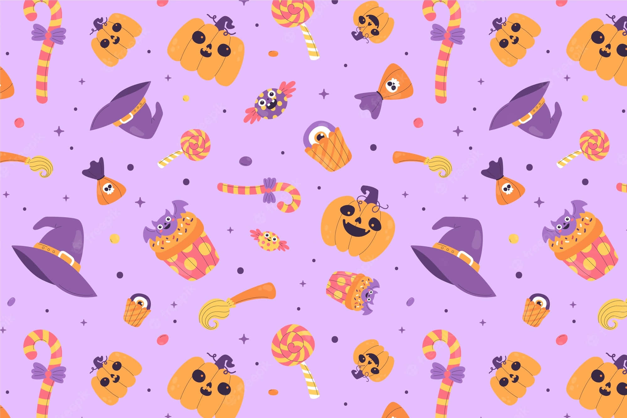pastel halloween pattern, smiling orange pumpkins, witch hats, Full HD Desktop Wallpaper