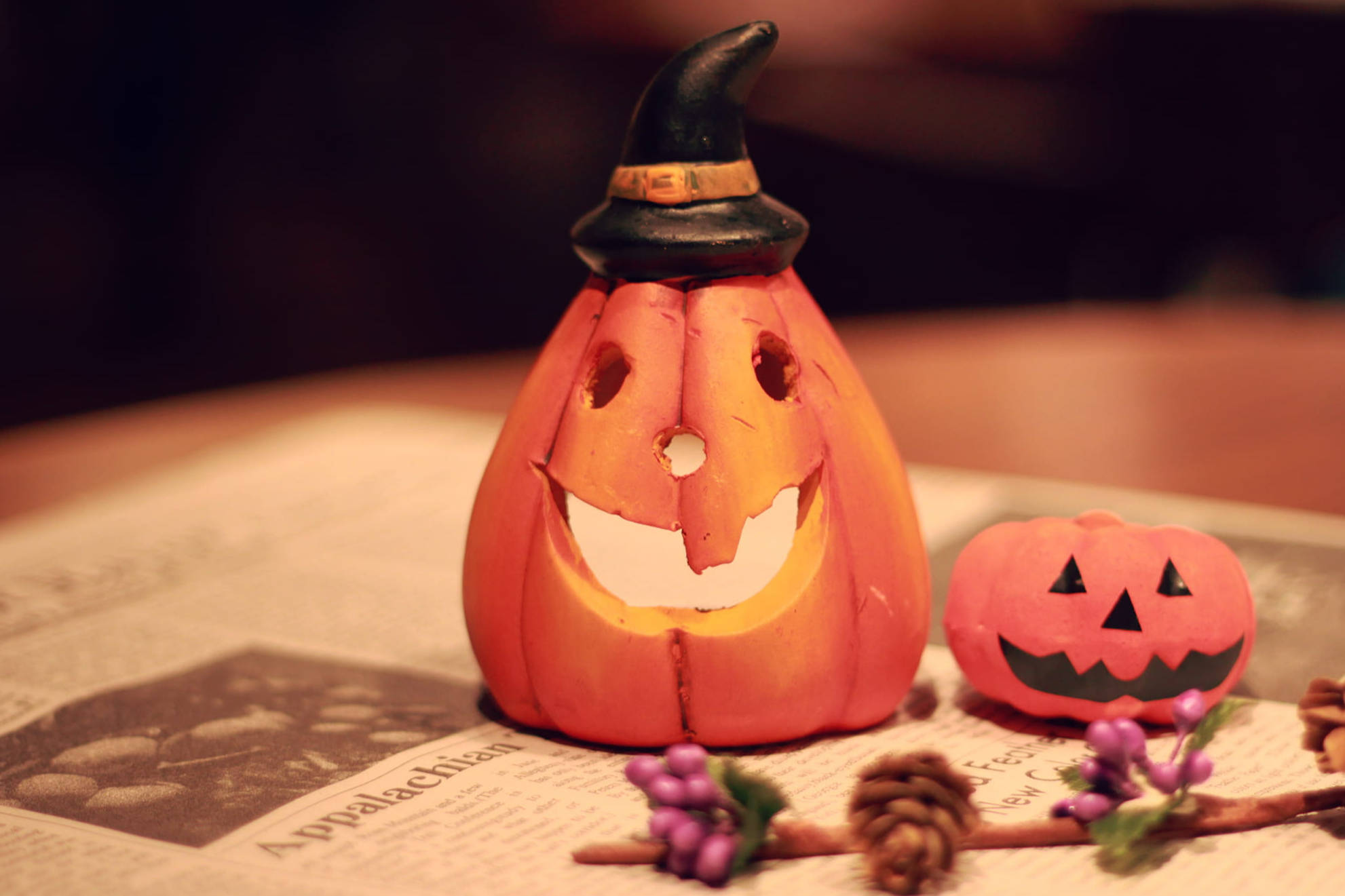orange clay jack-o'-lantern, witch hat, pink pumpkin, Full HD Desktop Wallpaper