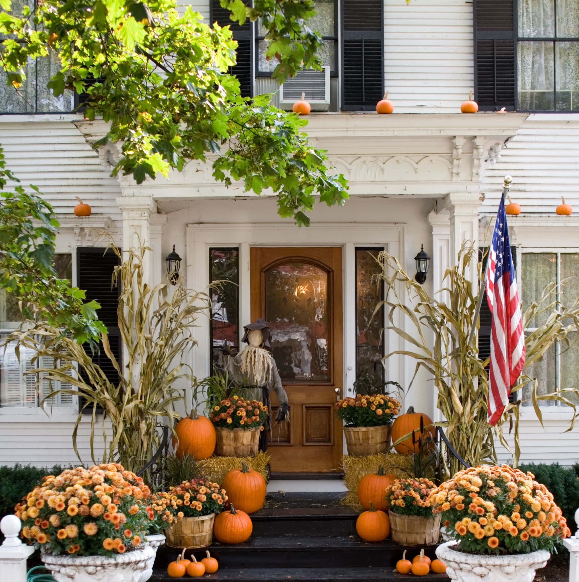white house porch, pumpkins, cornstalks, Full HD Phone Wallpaper