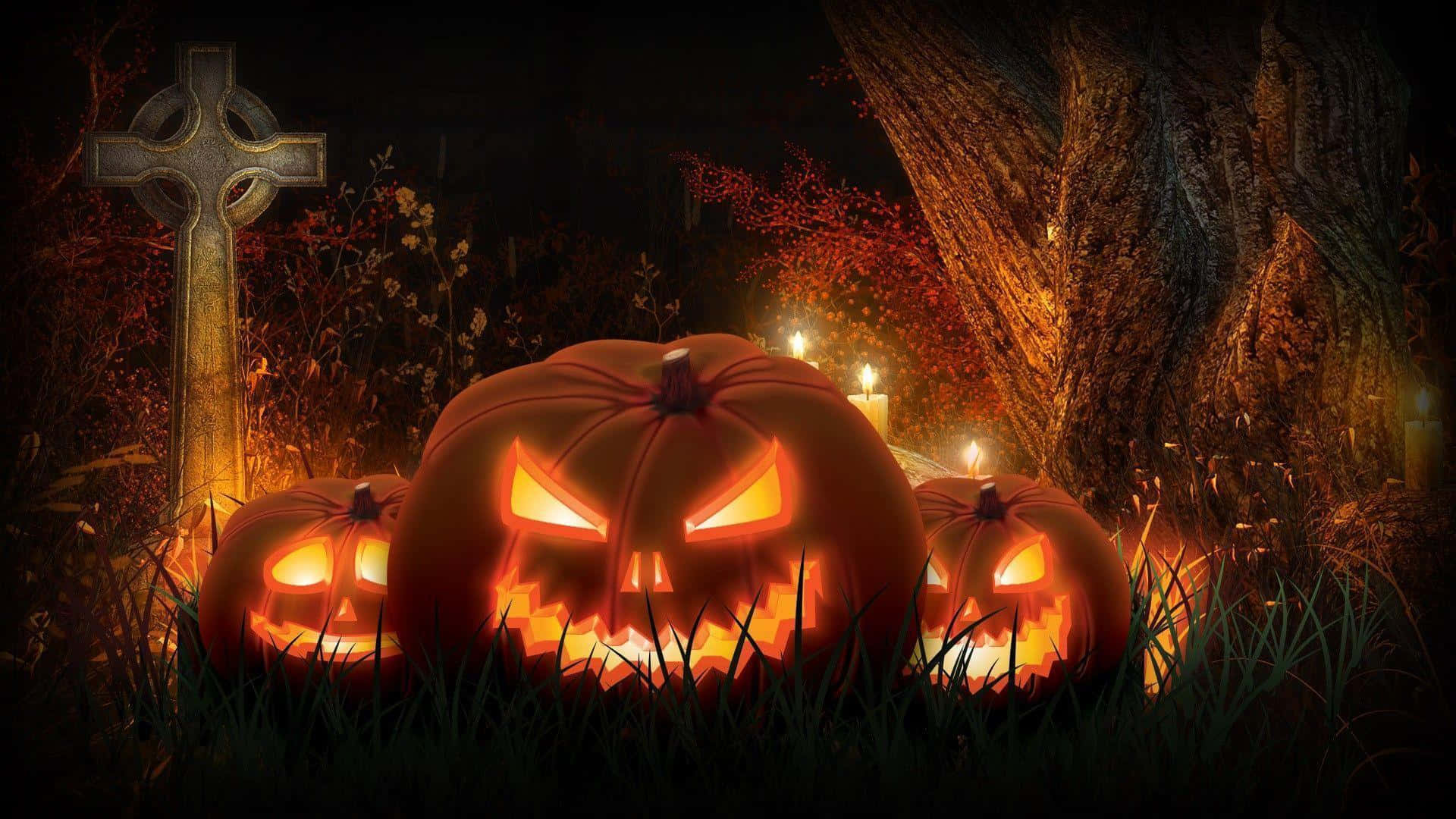 Jack-o'-lantern, Scarecrow, Mist-filled Graveyard, Full HD Desktop Wallpaper