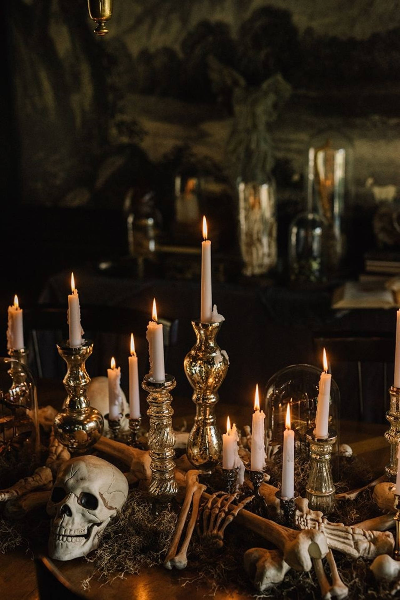 Gothic Halloween Aesthetic Decoration, flickering candles, ornate silver holders, Full HD Phone Wallpaper