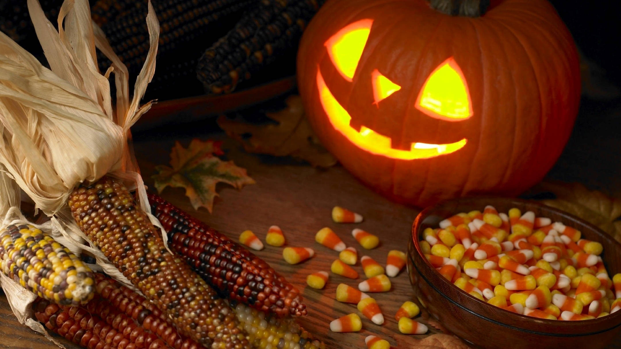 jack-o'-lantern, carved grin, colorful corn cobs, Full HD Desktop Wallpaper