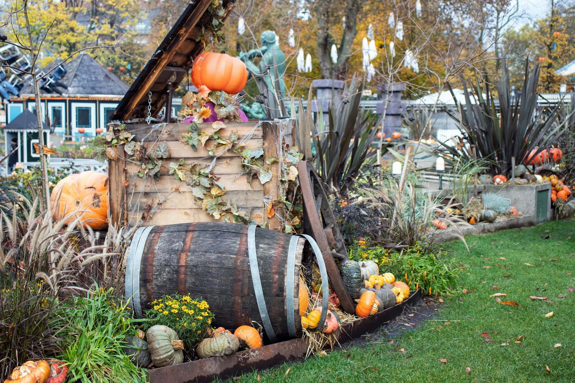 Halloween Yard Decorations, rustic autumn garden, pumpkins, Full HD Desktop Wallpaper