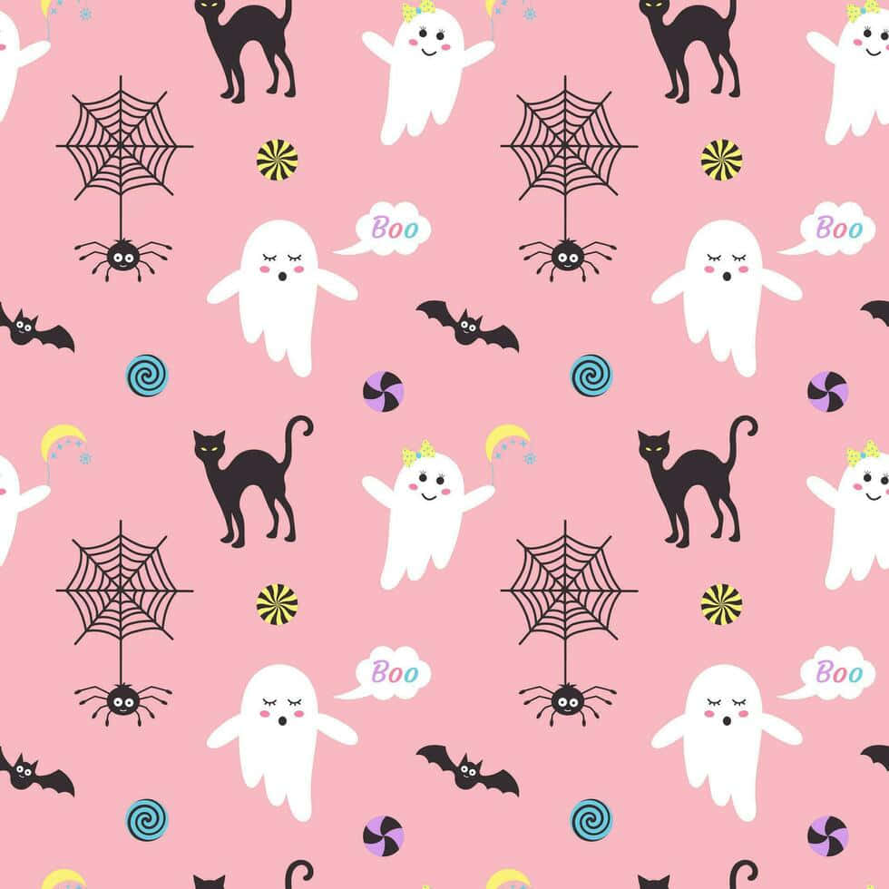 Pastel Halloween Pattern, pink wallpaper pattern, cute white ghosts, SD Desktop Wallpaper