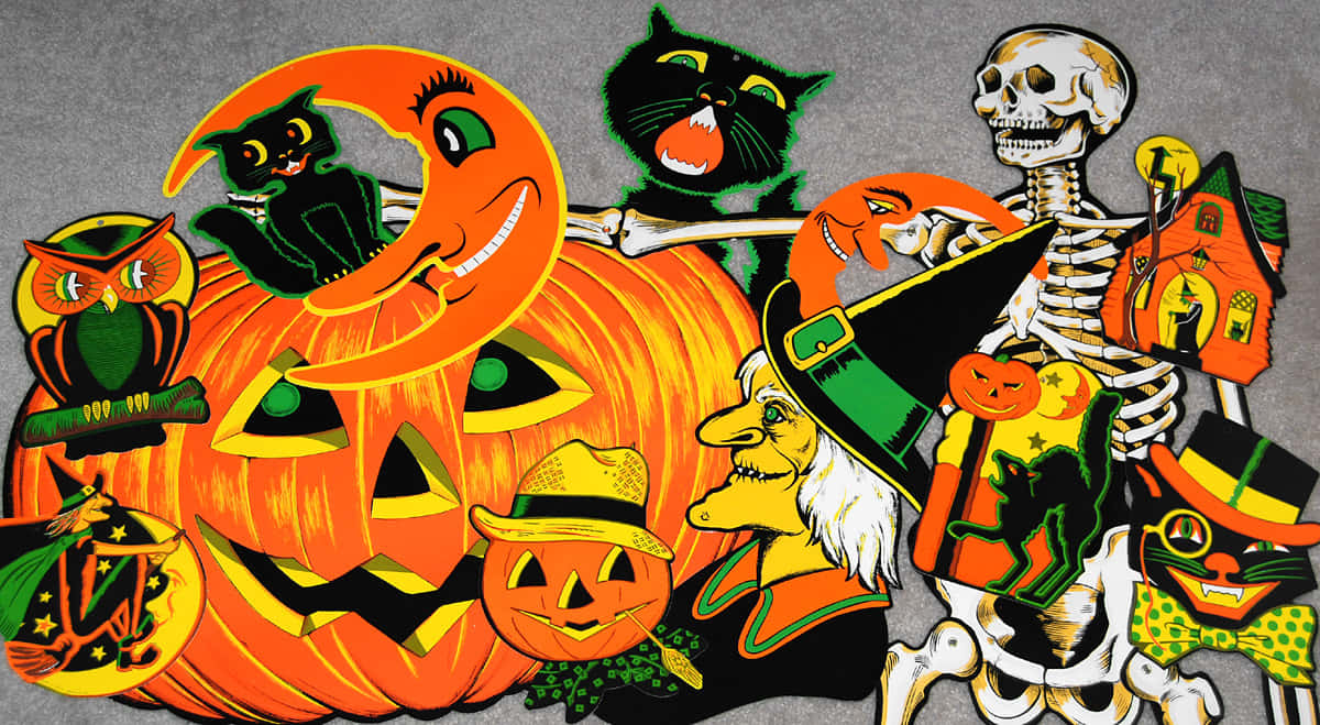 retro vintage halloween decorations, jack-o-lanterns, witches, SD Desktop Wallpaper