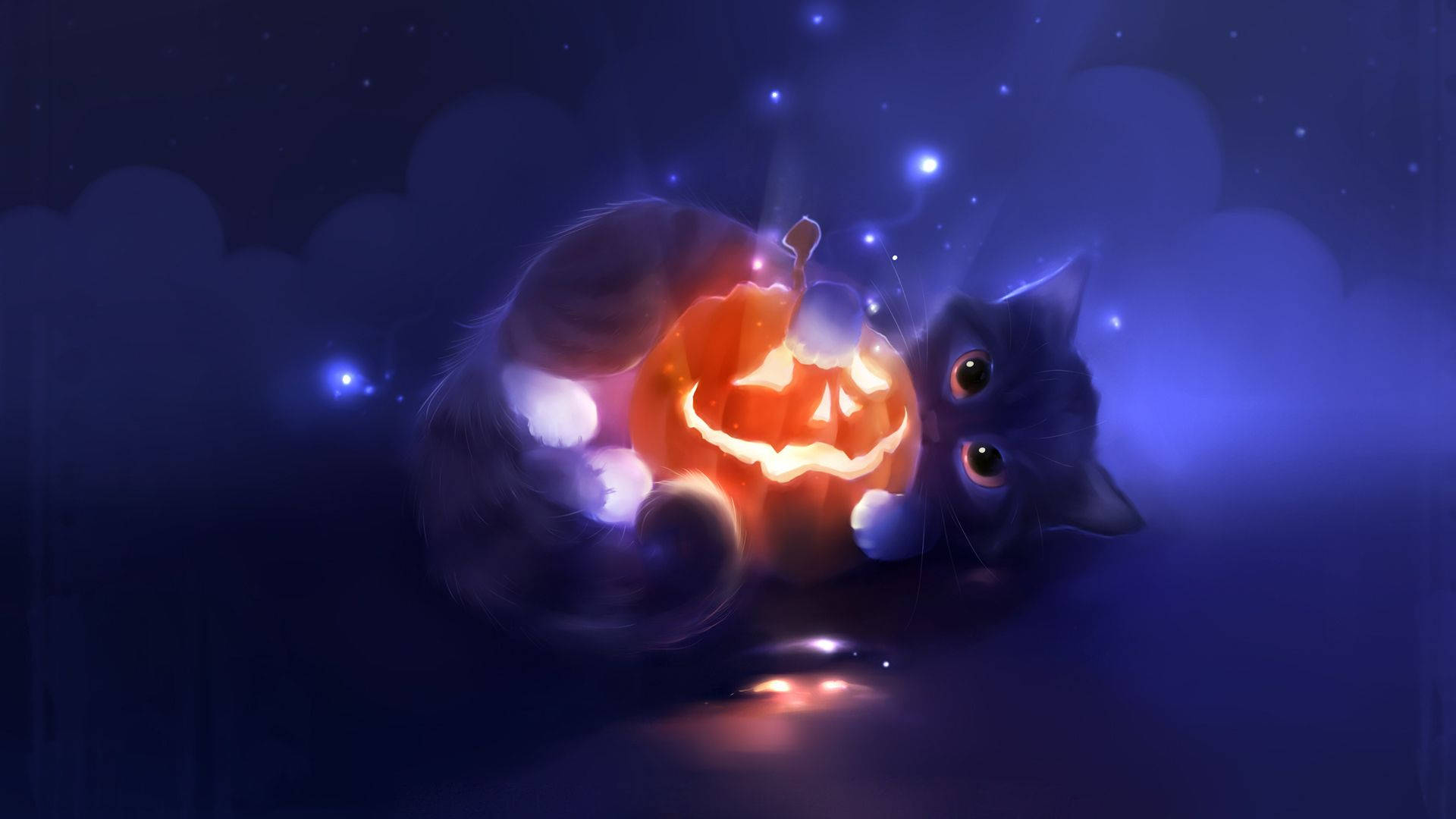 kitten, jack-o-lantern, starry night sky, Full HD Desktop Wallpaper