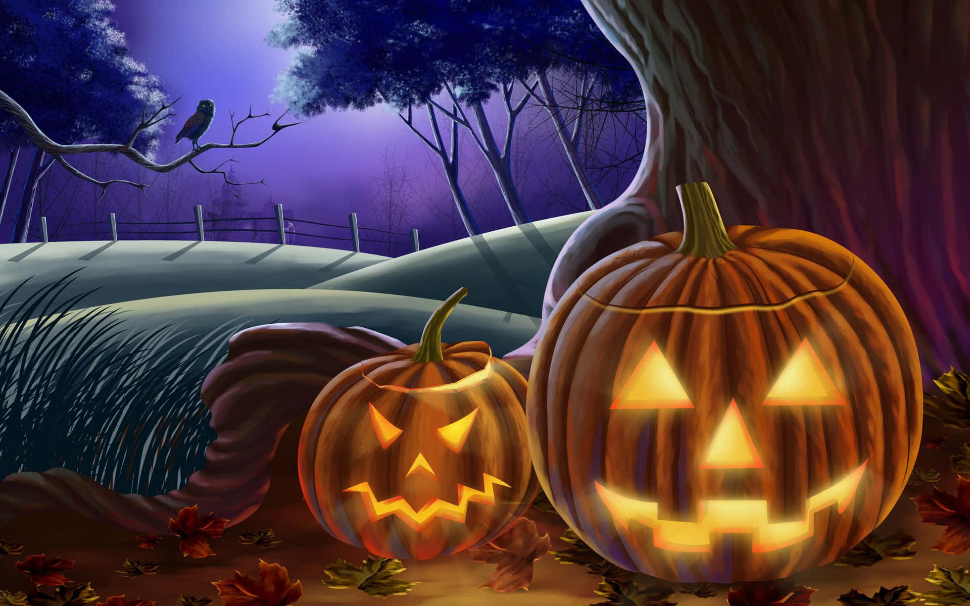 Animated Halloween Squash, jack-o'-lanterns, purple twilight sky, Full HD Desktop Wallpaper