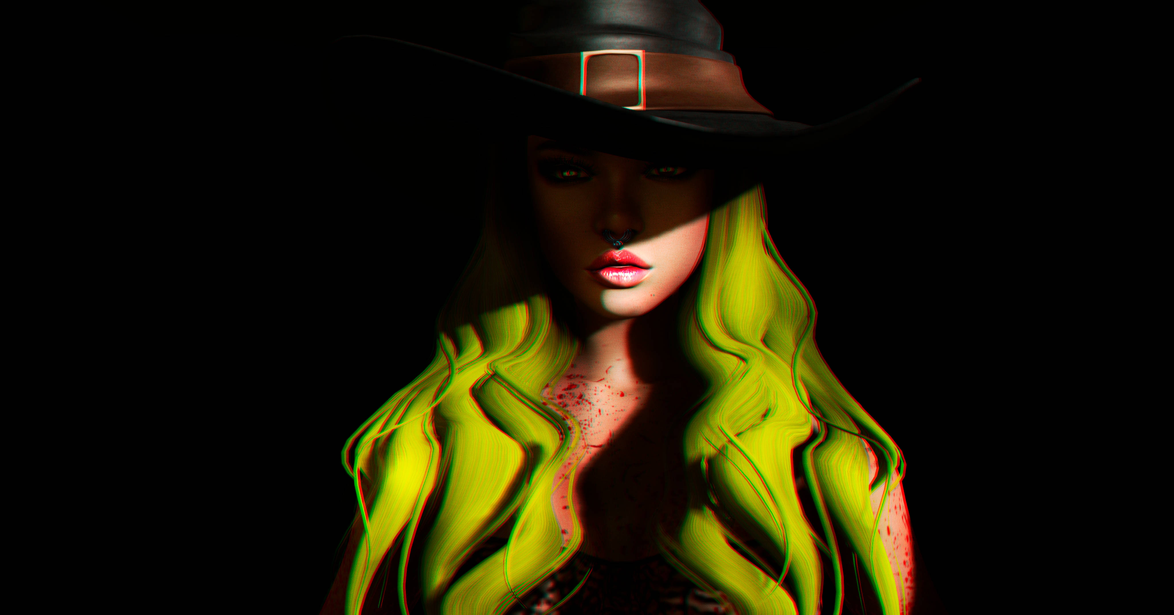 green hair, witch hat, black background, 4K Desktop Wallpaper