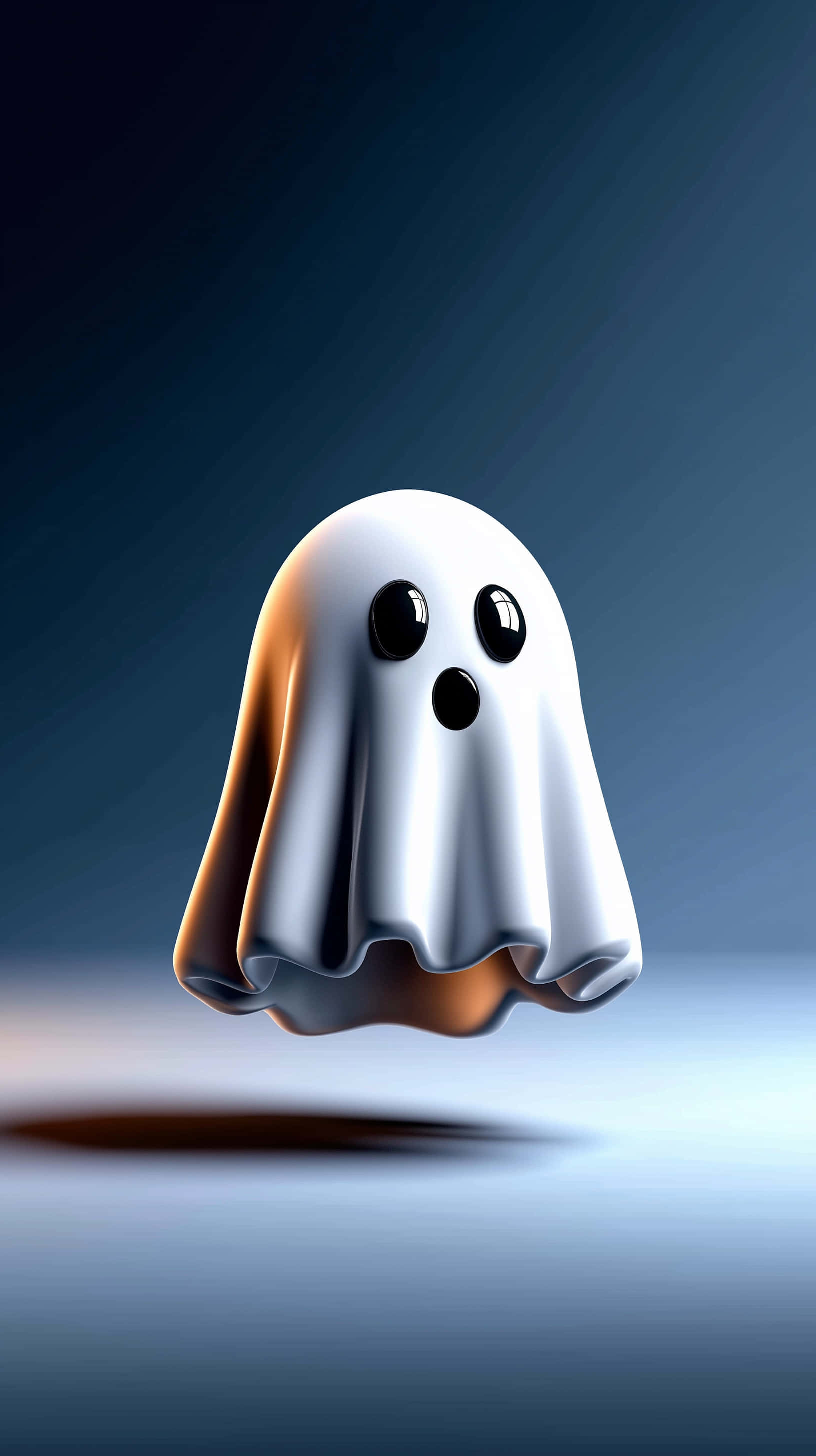 glossy white cartoon ghost, big black eyes, small mouth, 2K Phone Wallpaper