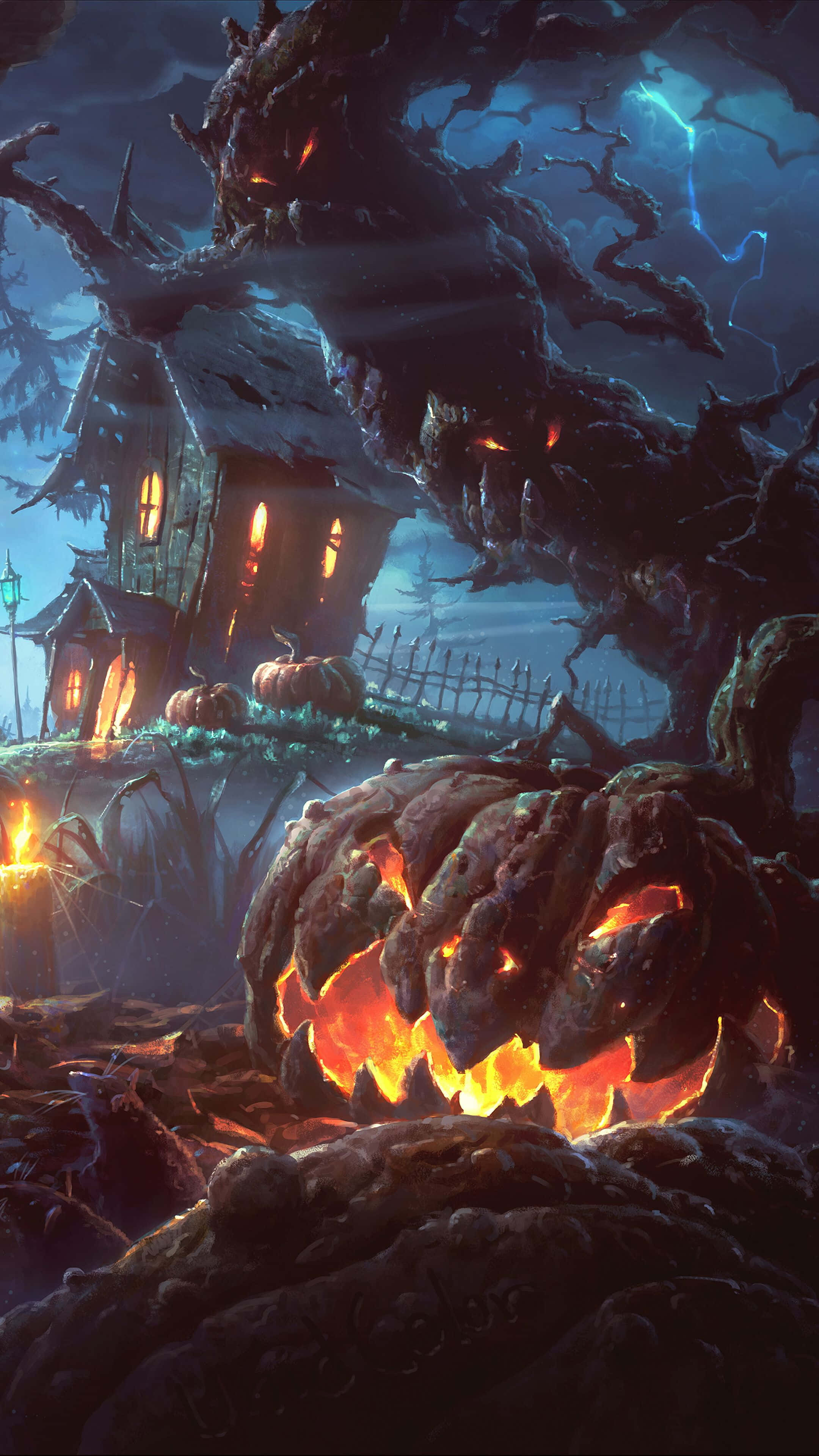Halloweentown, monstrous pumpkin, haunted house, 4K Phone Wallpaper