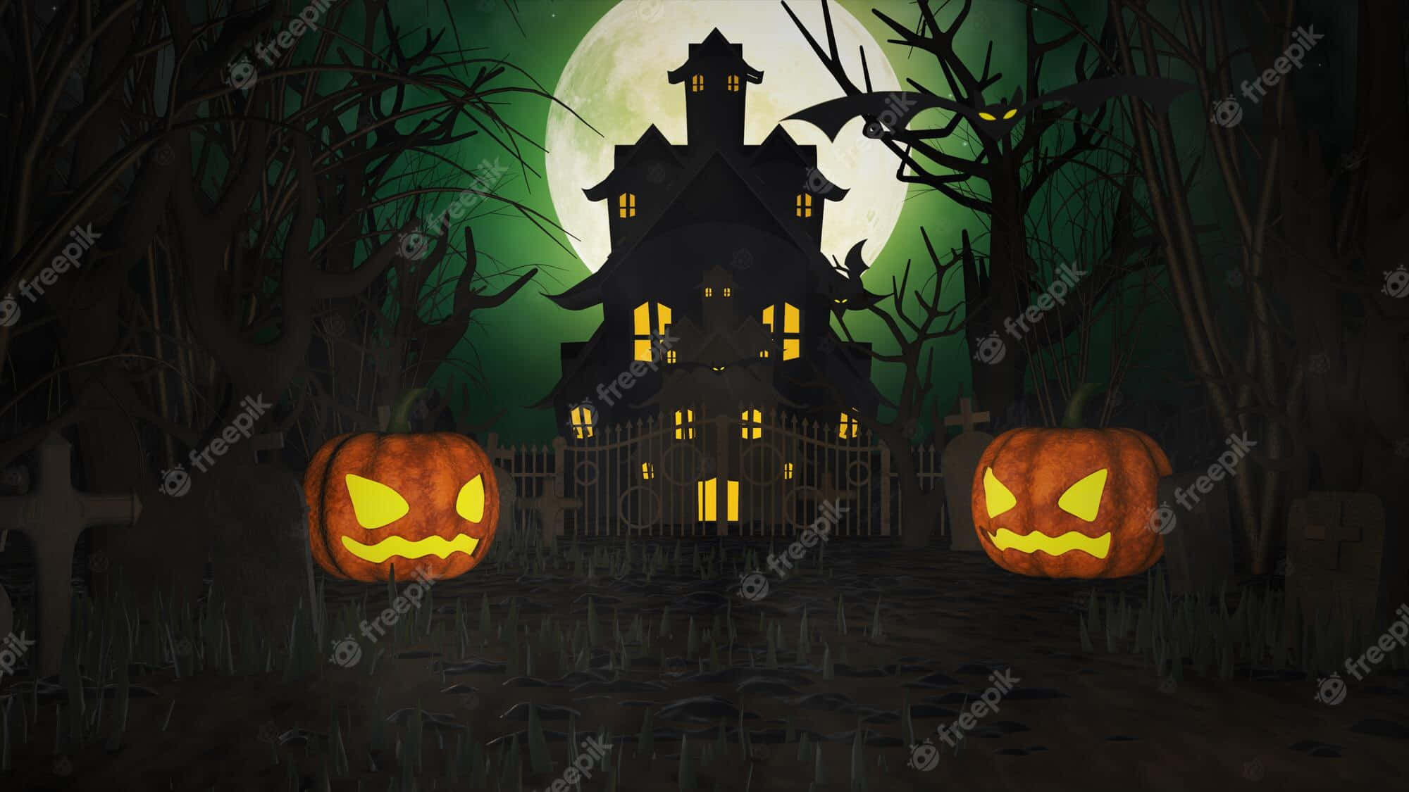 Halloweentown, full moon, jack-o-lanterns, Full HD Desktop Wallpaper