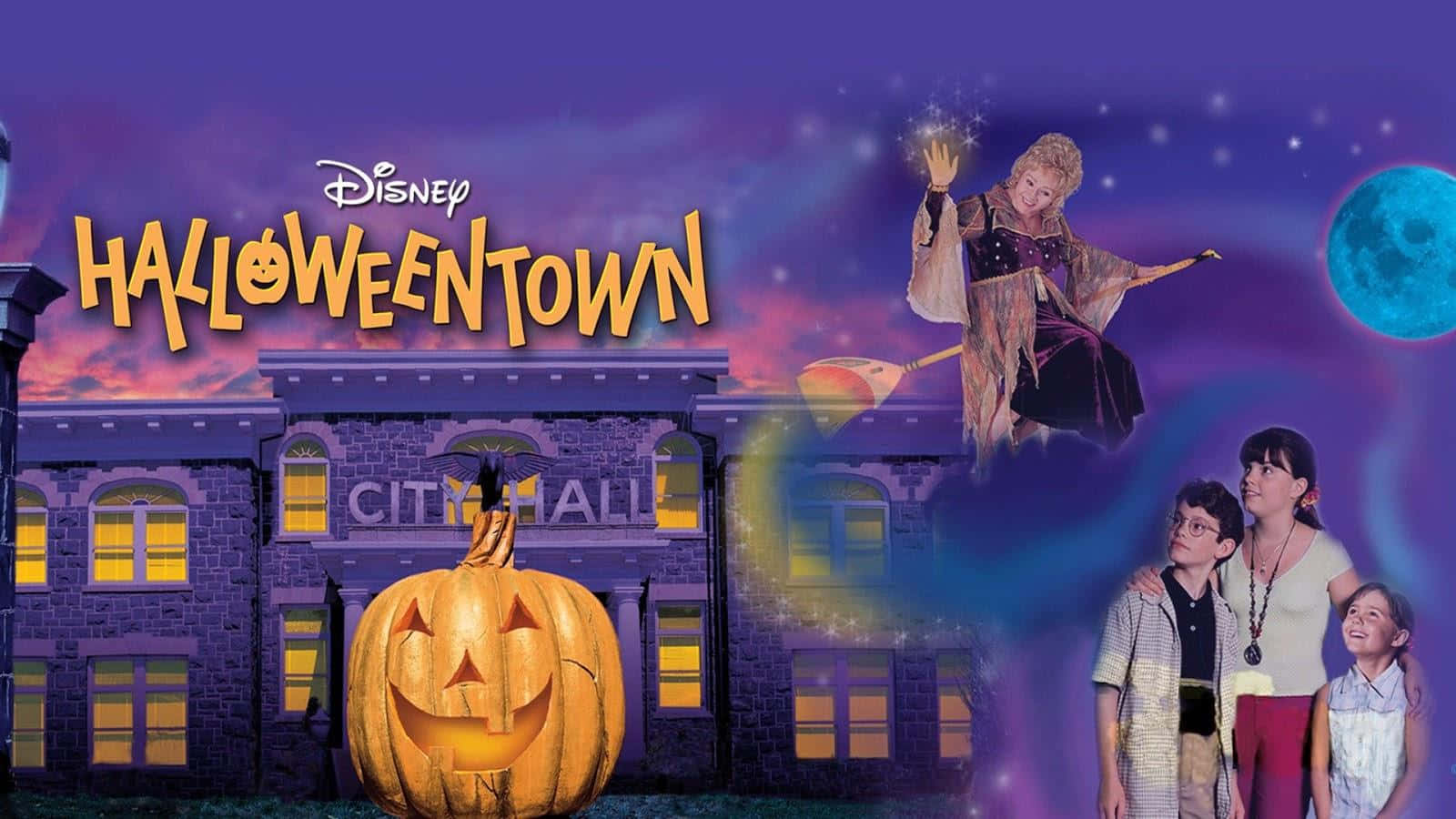 Halloweentown, purple twilight sky, glowing jack-o-lantern, HD Desktop Wallpaper