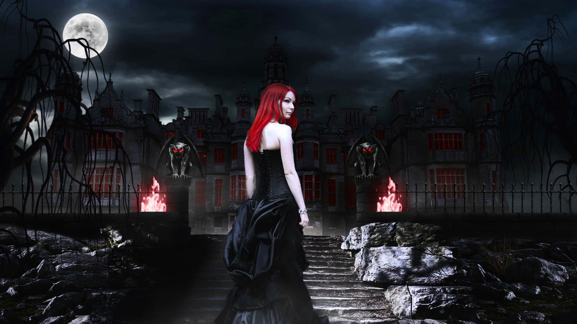 Halloweentown, red-haired woman, black gown, Full HD Desktop Wallpaper