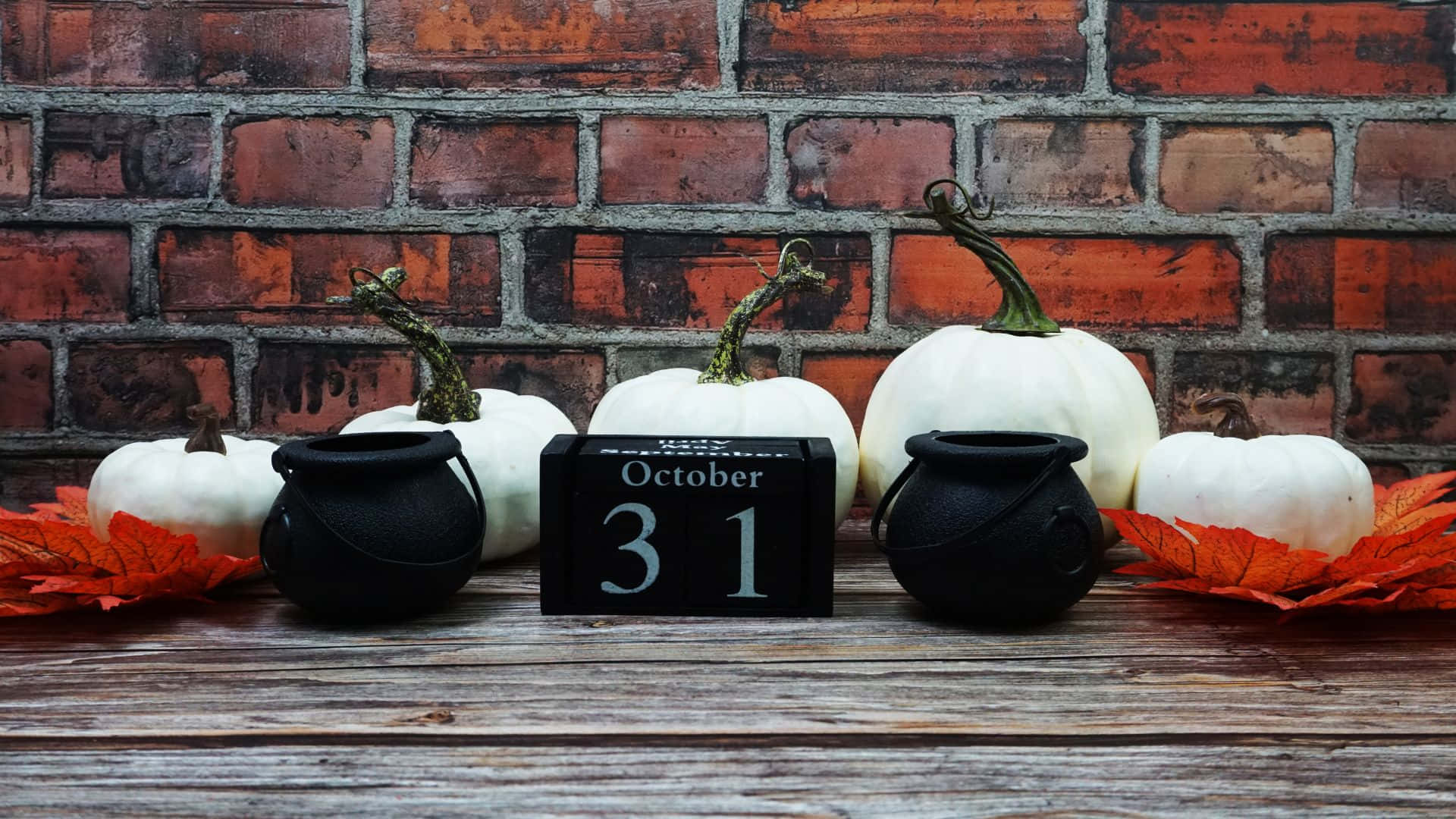 October 31st, white pumpkins, black cauldrons, Full HD Desktop Wallpaper