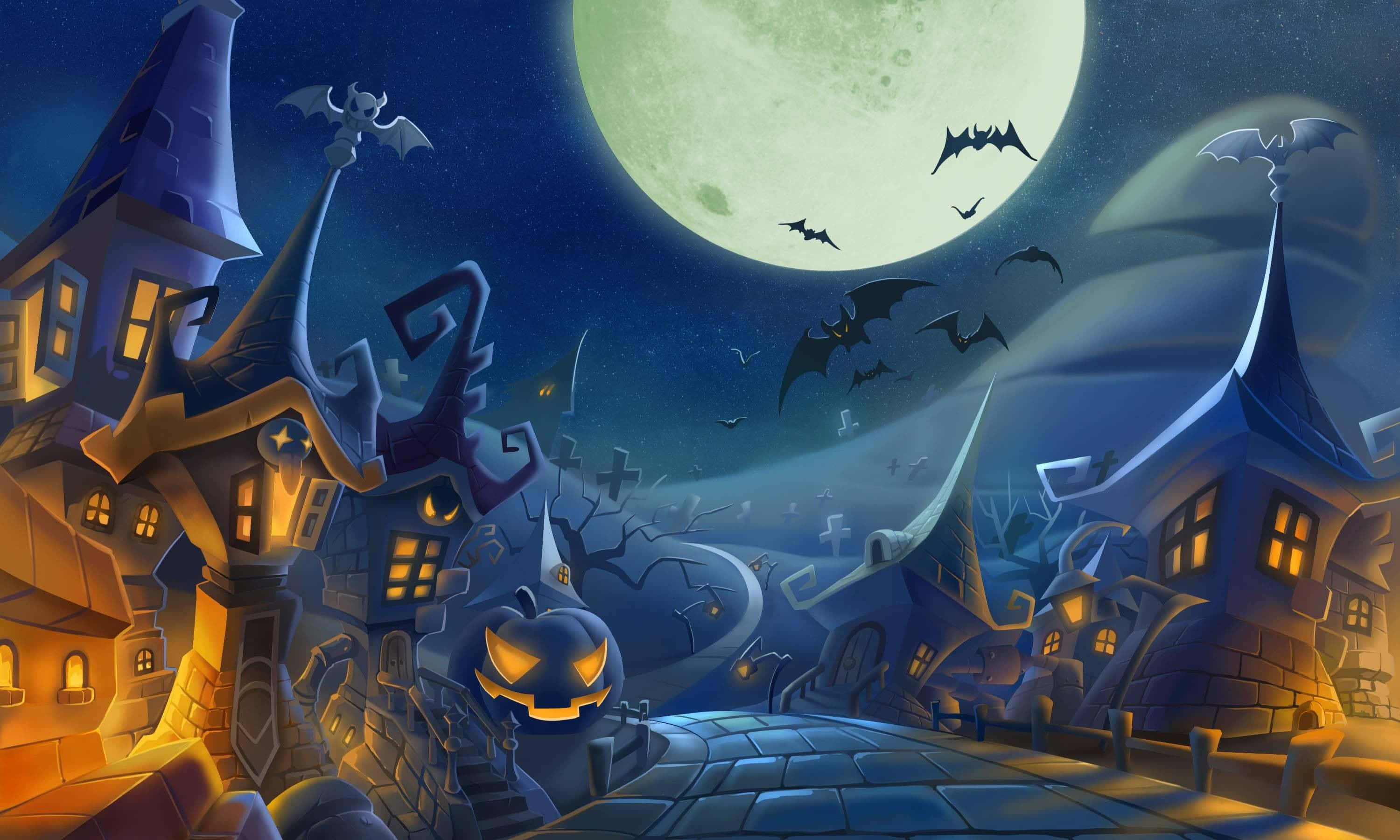 Halloweentown, full moon, glowing jack-o-lanterns, 2K Desktop Wallpaper