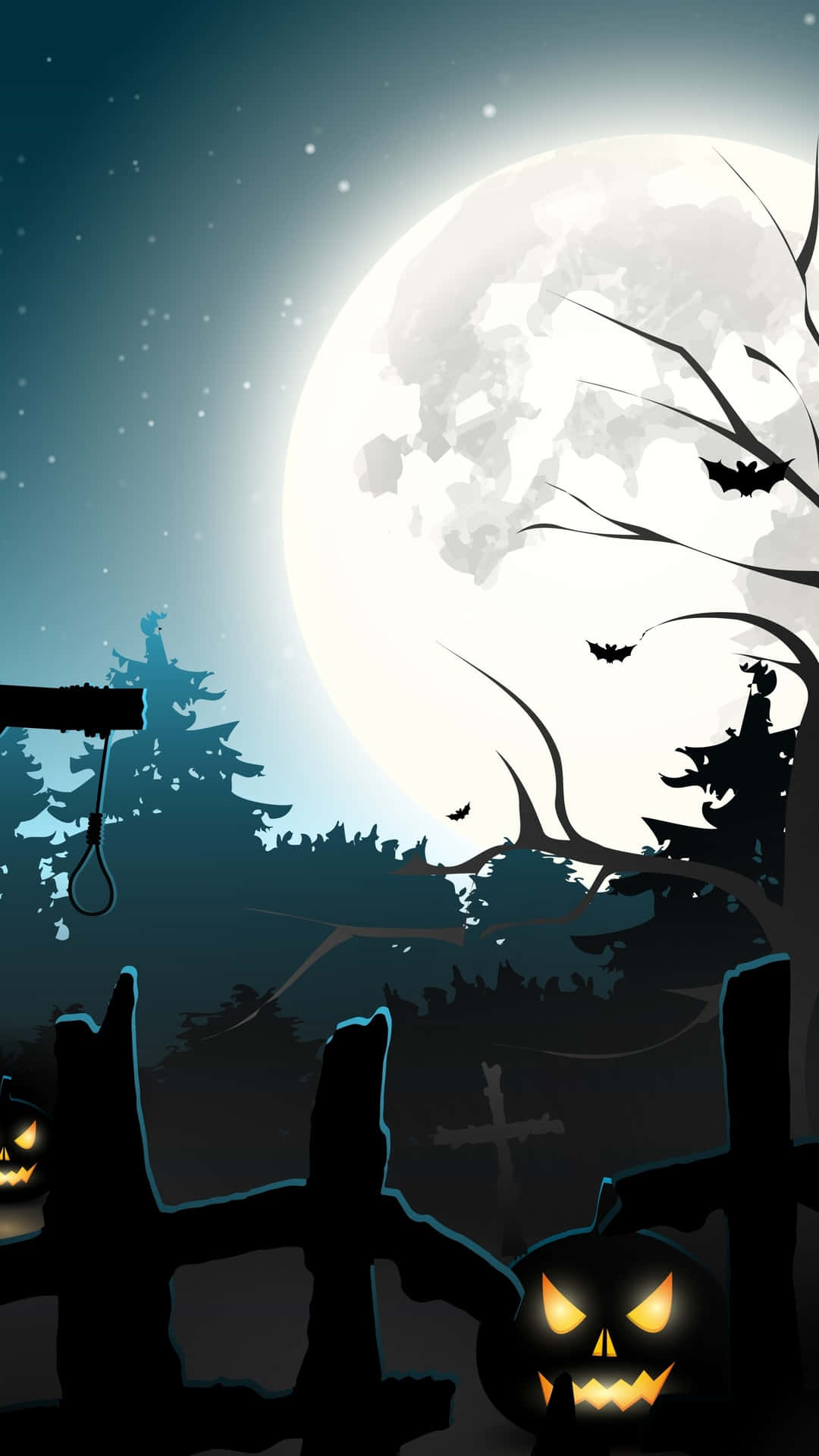 Halloween graveyard, glowing full moon, silhouetted trees, Full HD Phone Wallpaper