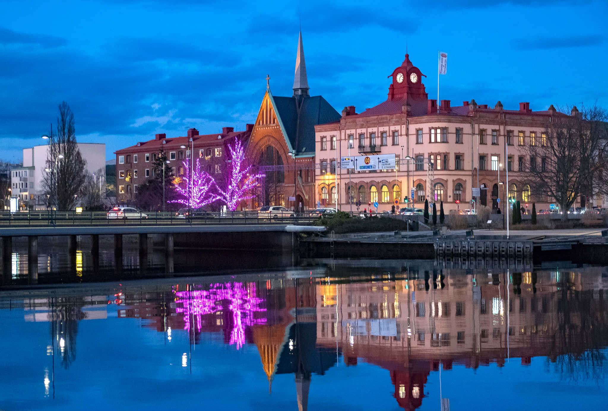 Halmstad, riverfront, evening, Full HD Desktop Wallpaper