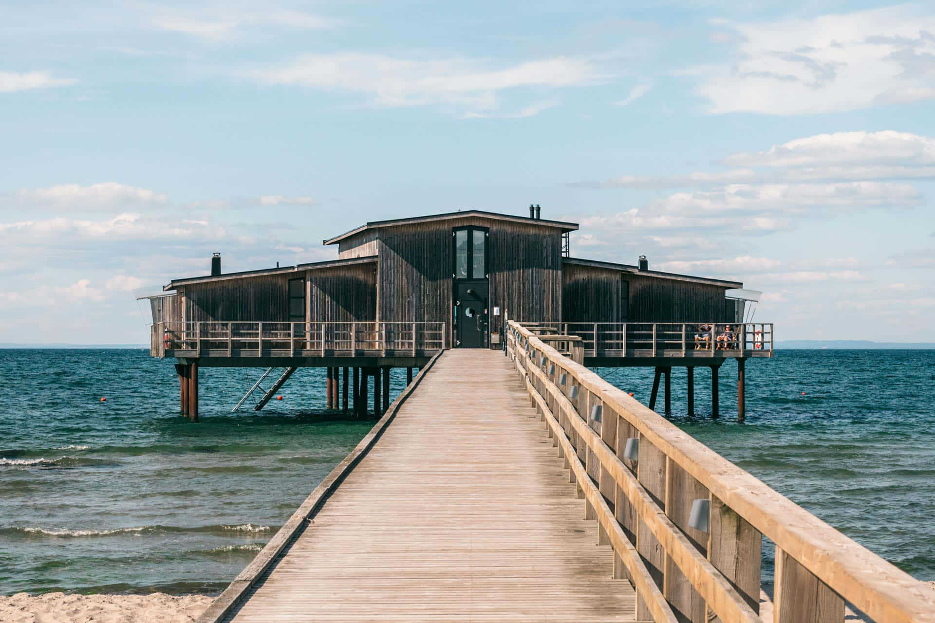 Halmstad, seaside wooden pier, modern house on stilts, Full HD Desktop Wallpaper