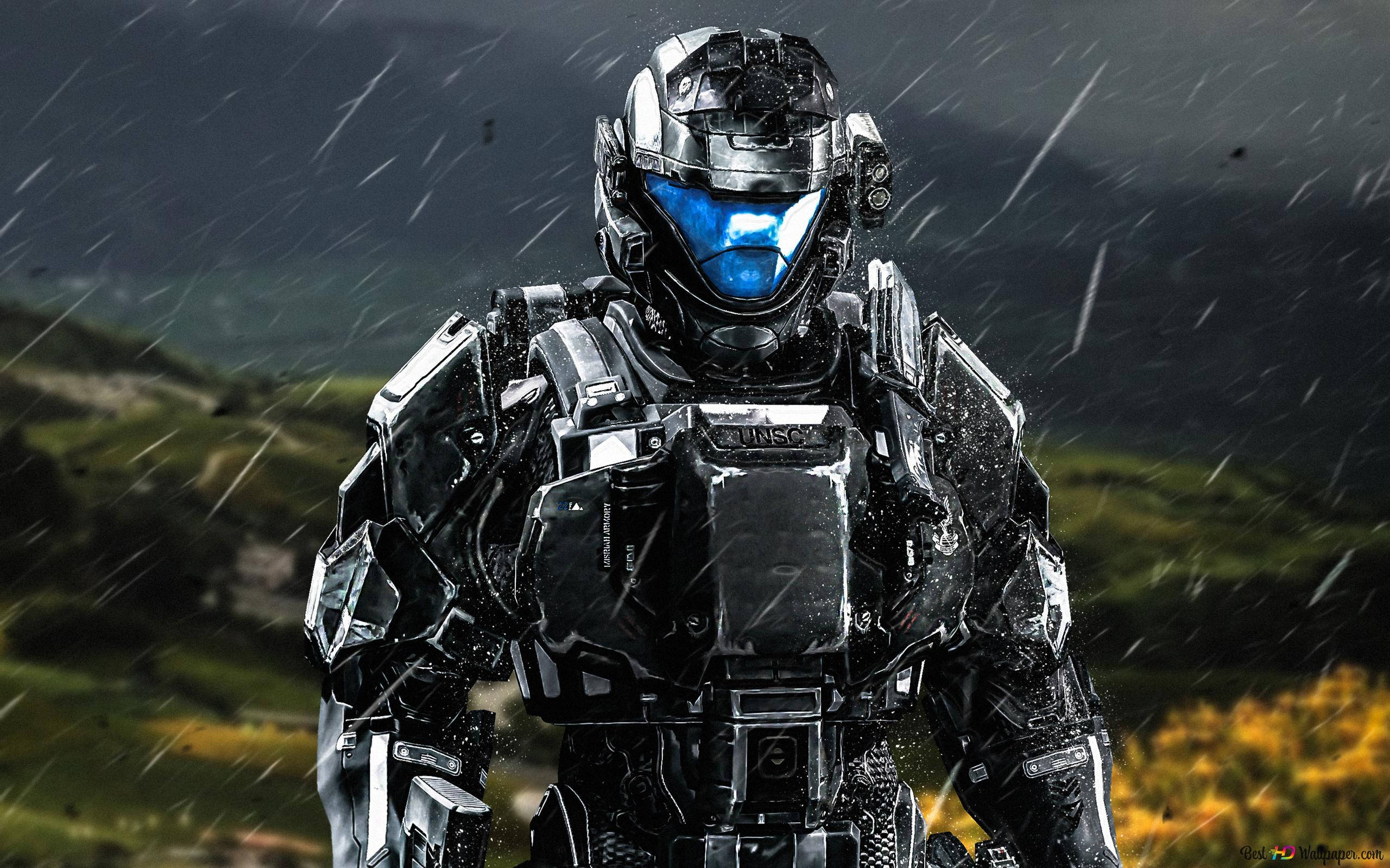Halo 3, futuristic black armor, glowing blue visor, 2K Desktop Wallpaper