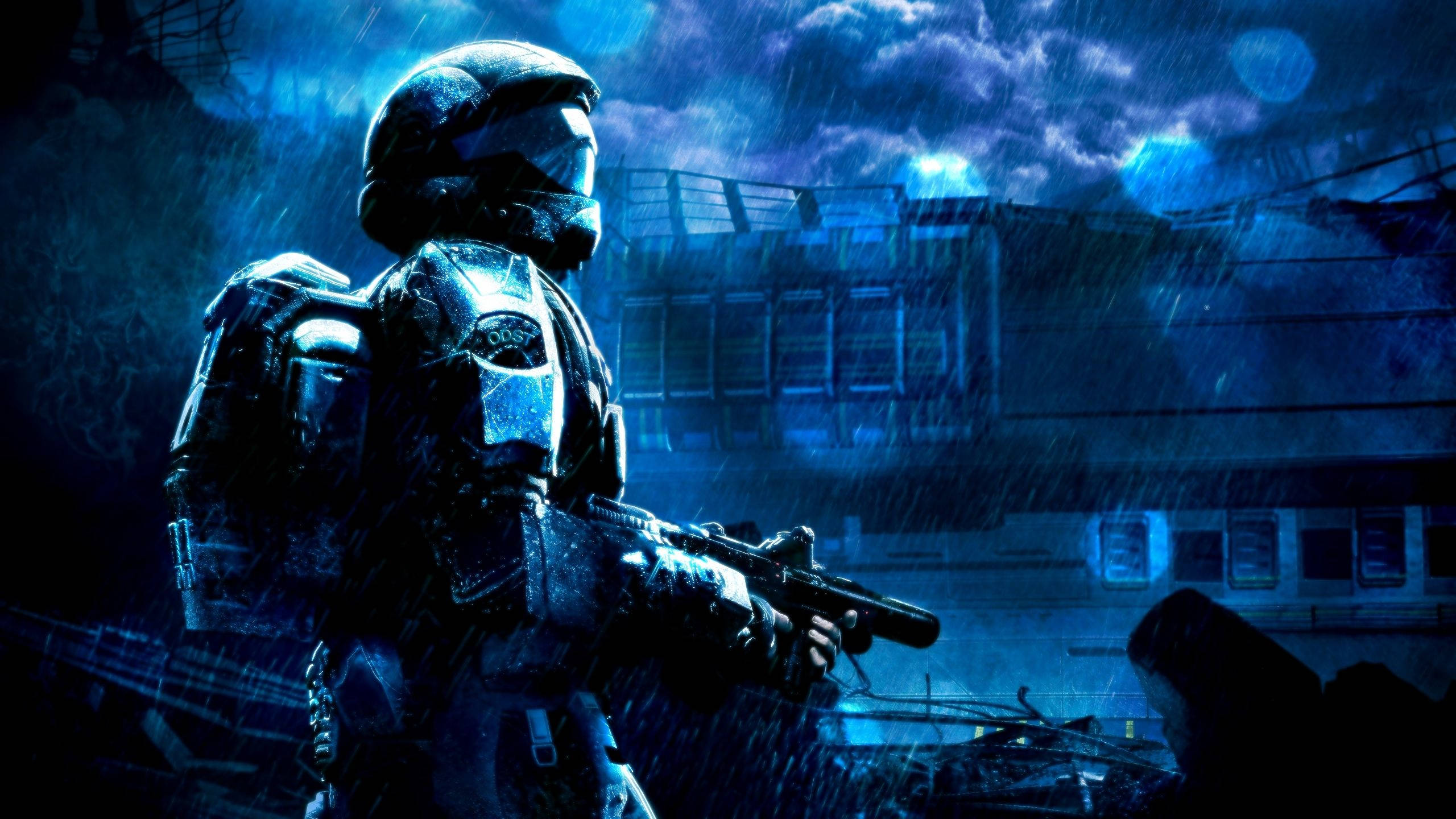 Halo 3, futuristic armor, rain, 2K Desktop Wallpaper