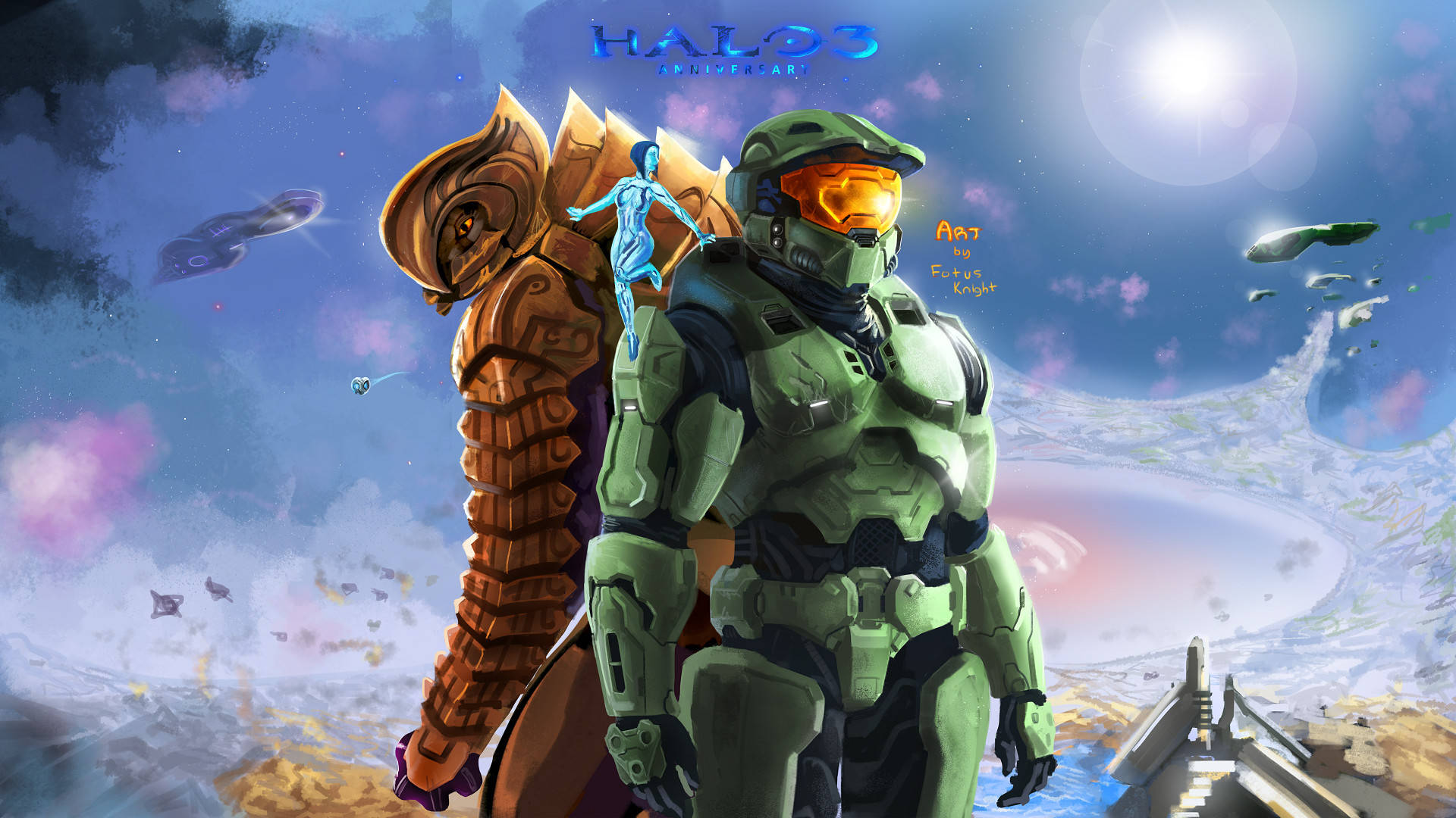 Halo 3, green-armored Spartan, towering orange alien, Full HD Desktop Wallpaper