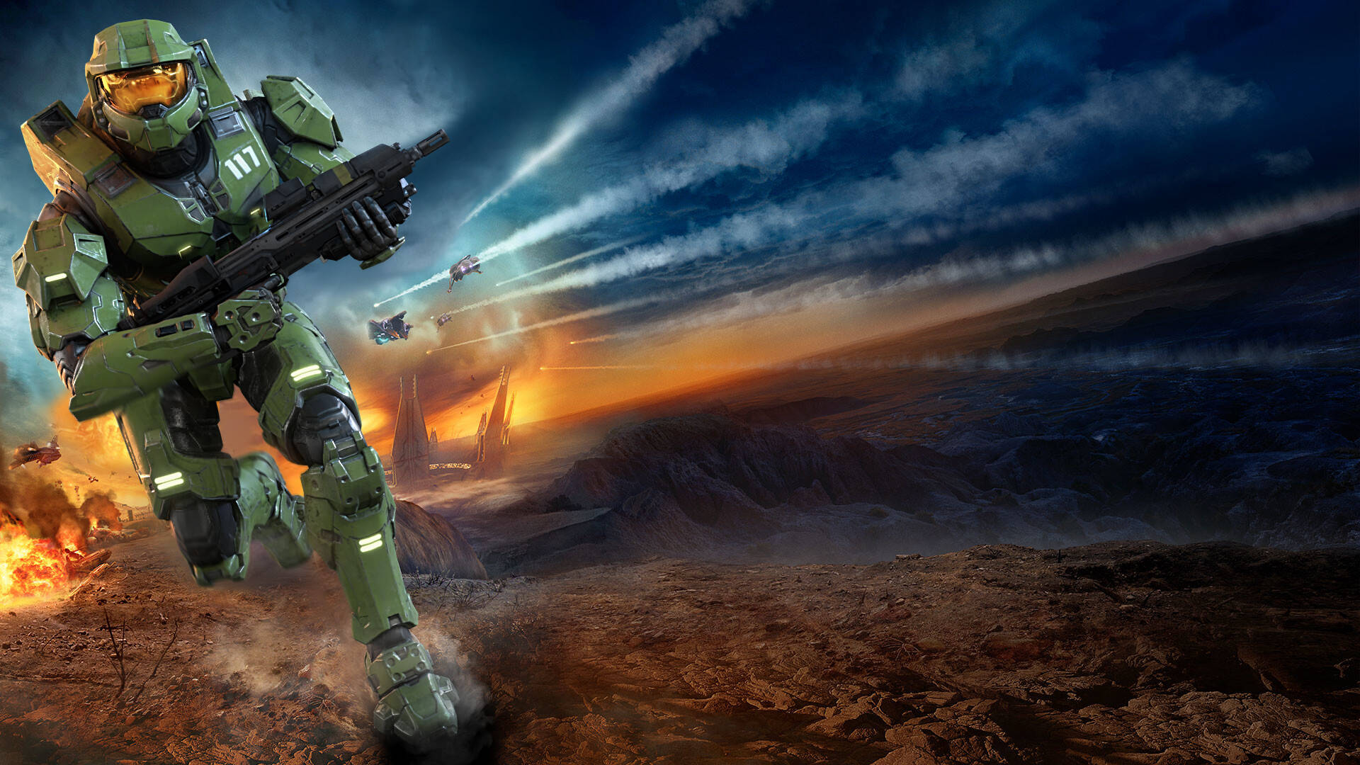 Halo 3, green-armored soldier, fiery alien battlefield, Full HD Desktop Wallpaper