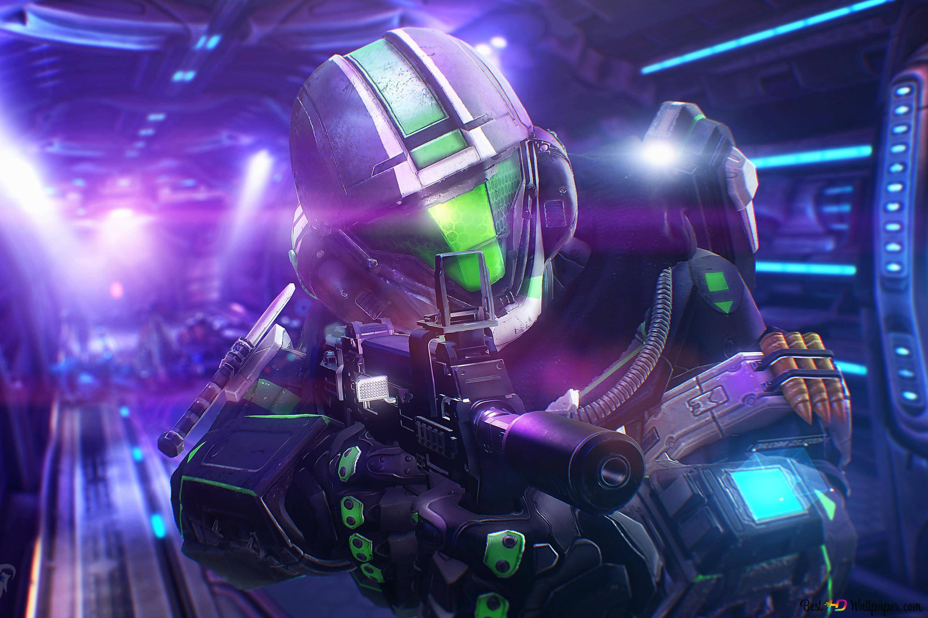 Halo 3, green helmet, glowing green, 2K Desktop Wallpaper