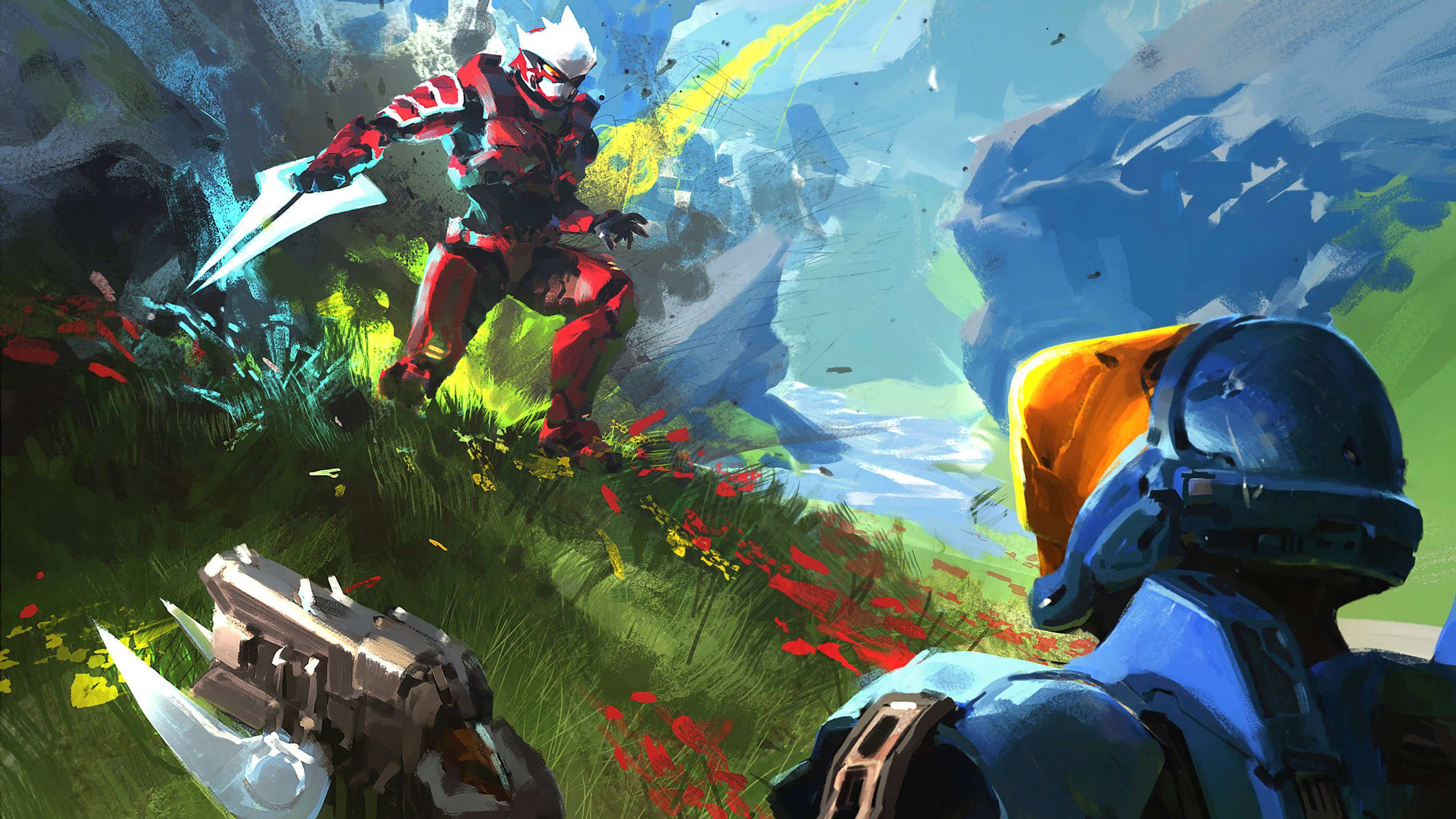 Halo 3, red armored warrior, blue helmeted figure, 2K Desktop Wallpaper
