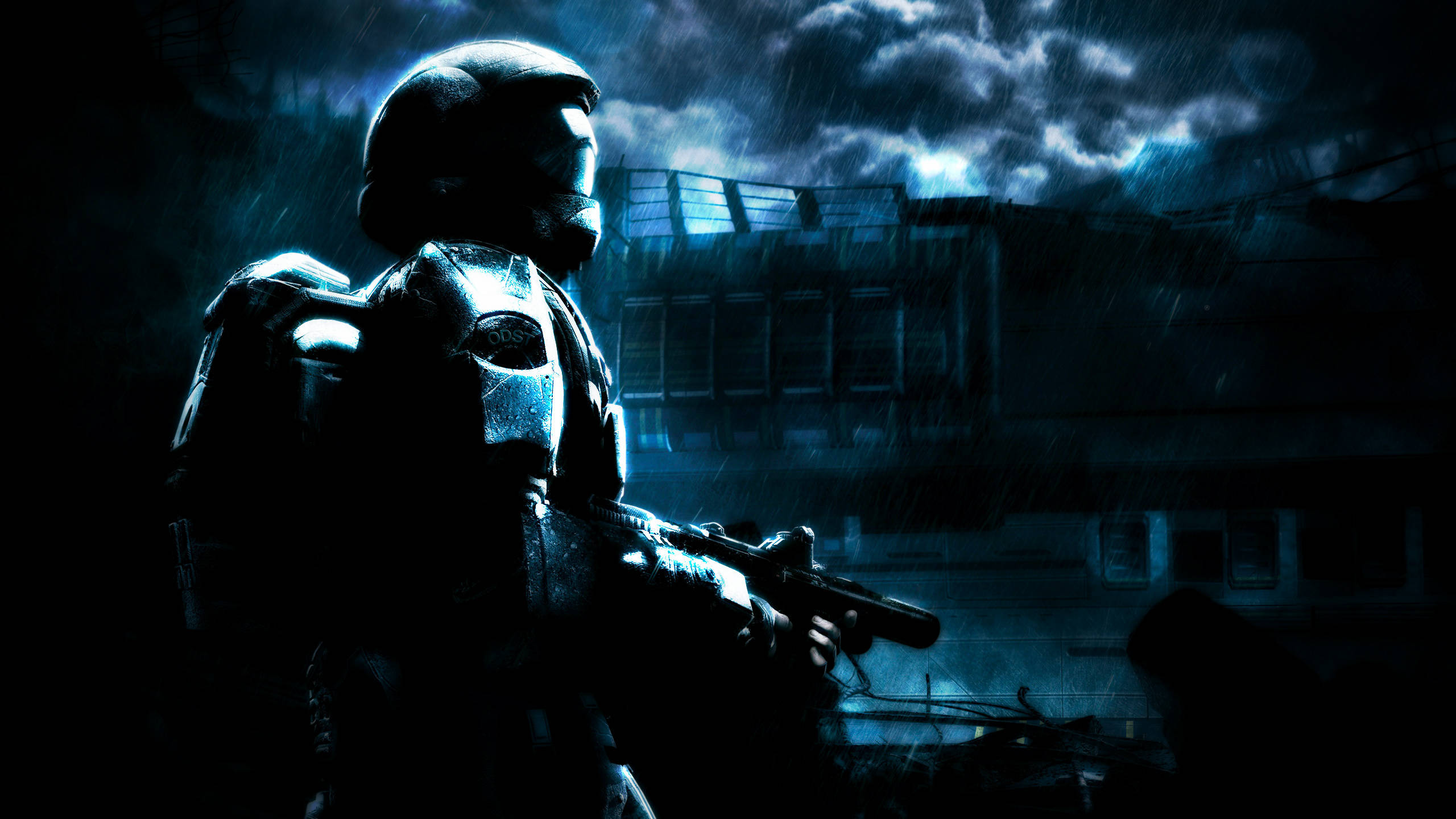 Halo 3, futuristic armor, stormy sky, 2K Desktop Wallpaper