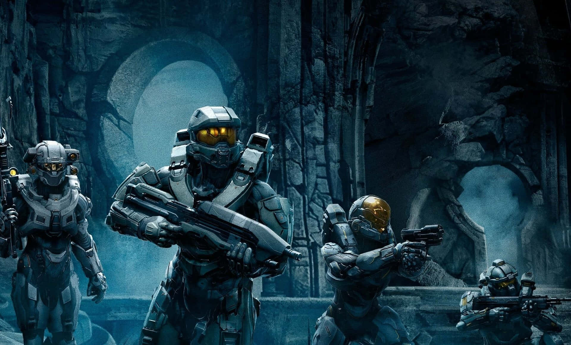 Halo 5 Blue Team, glowing orange visors, misty ancient ruin, Full HD Desktop Wallpaper