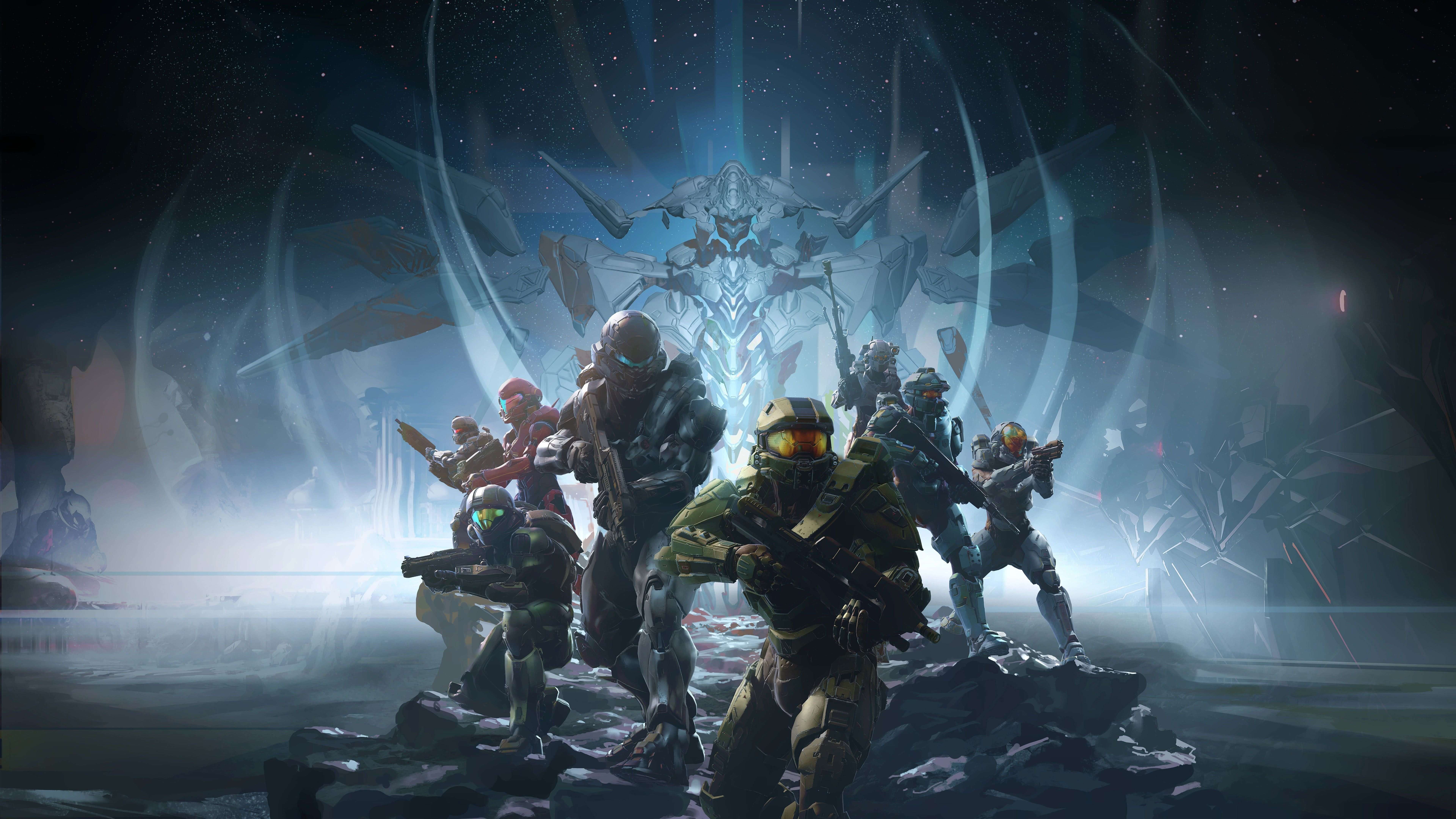 Halo 5 Blue Team, armored soldiers, rocky alien planet, 8K Desktop Wallpaper