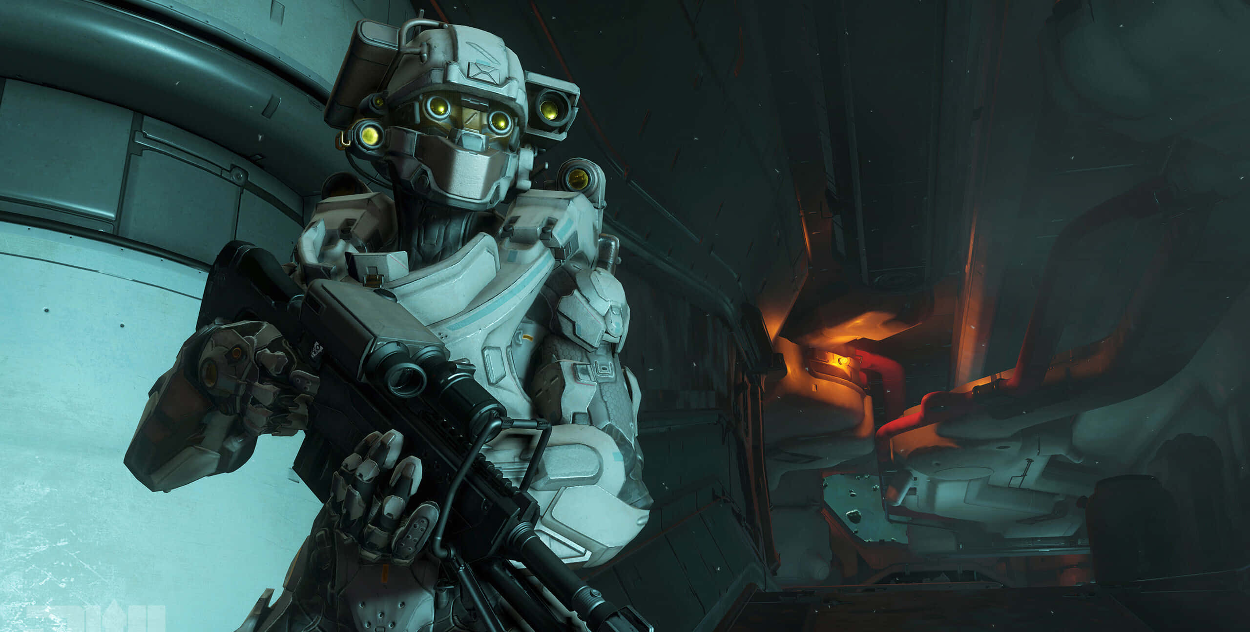 Halo 5 Blue Team, white armor, glowing yellow eyes, 2K Desktop Wallpaper