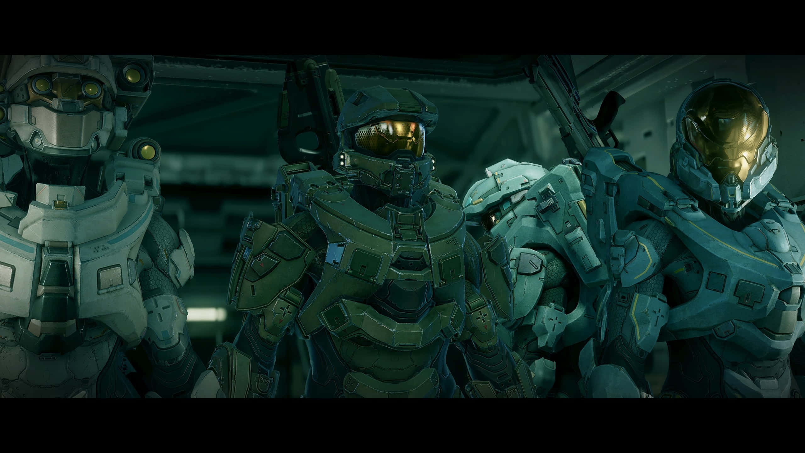 Halo 5 Blue Team, futuristic combat gear, dimly lit spaceship corridor, 2K Desktop Wallpaper