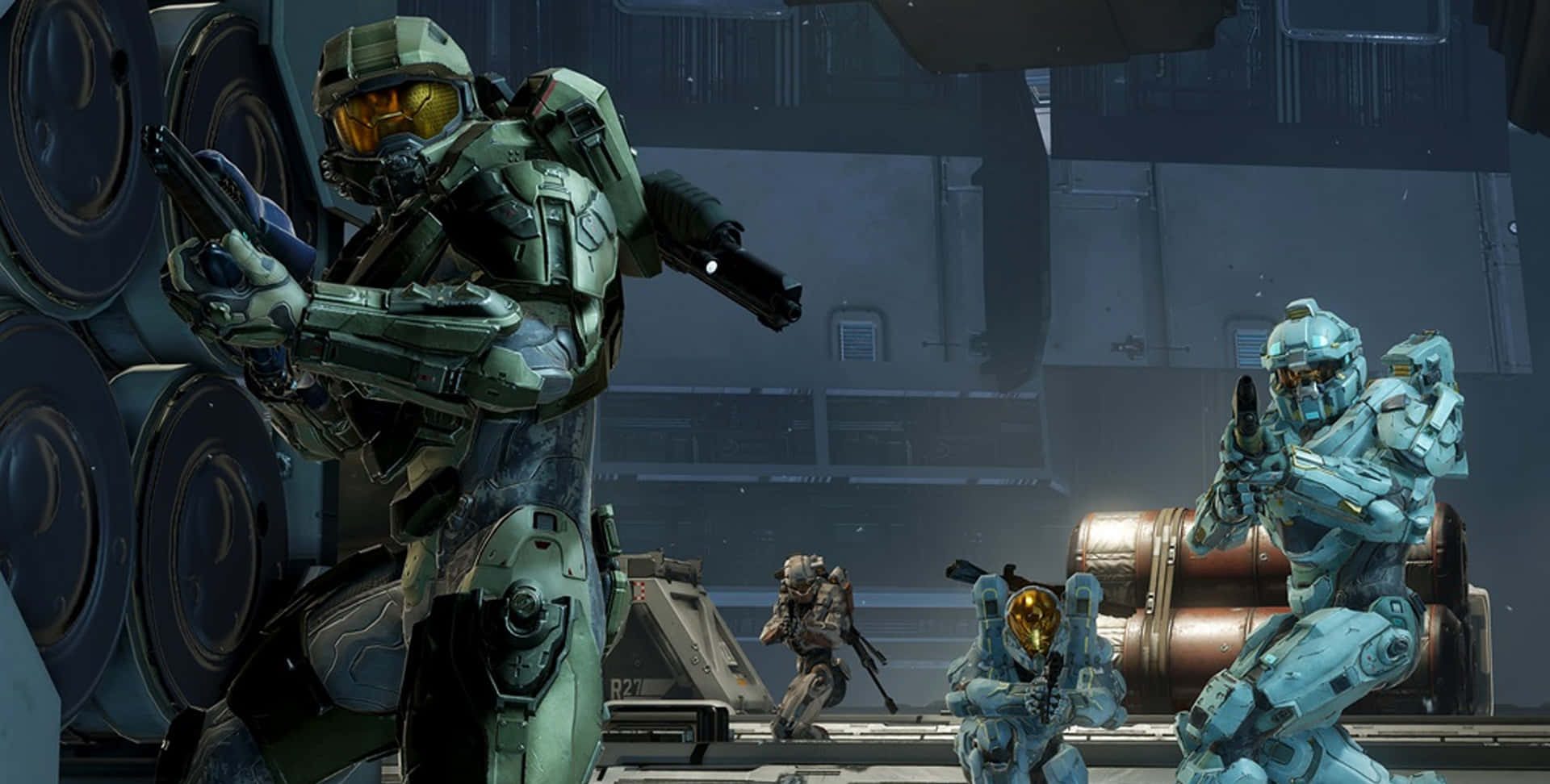 Halo 5 Blue Team, futuristic armor, dim industrial setting, Full HD Desktop Wallpaper