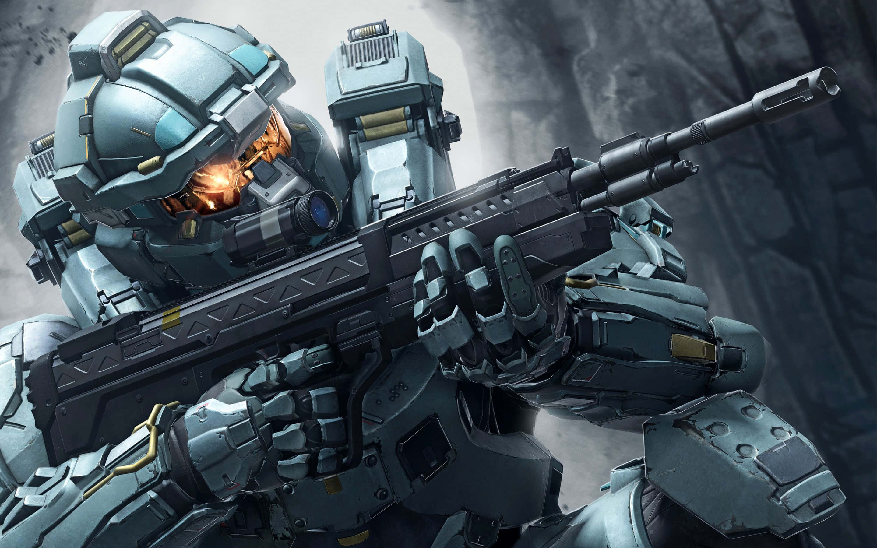 Halo 5 Blue Team, mech warrior, glowing orange eyes, 2K Desktop Wallpaper