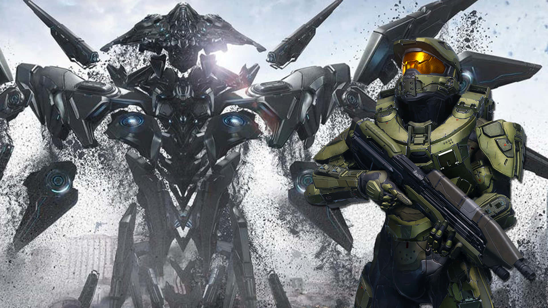 Halo 5 Blue Team, green armor, dark mechanical enemy, Full HD Desktop Wallpaper