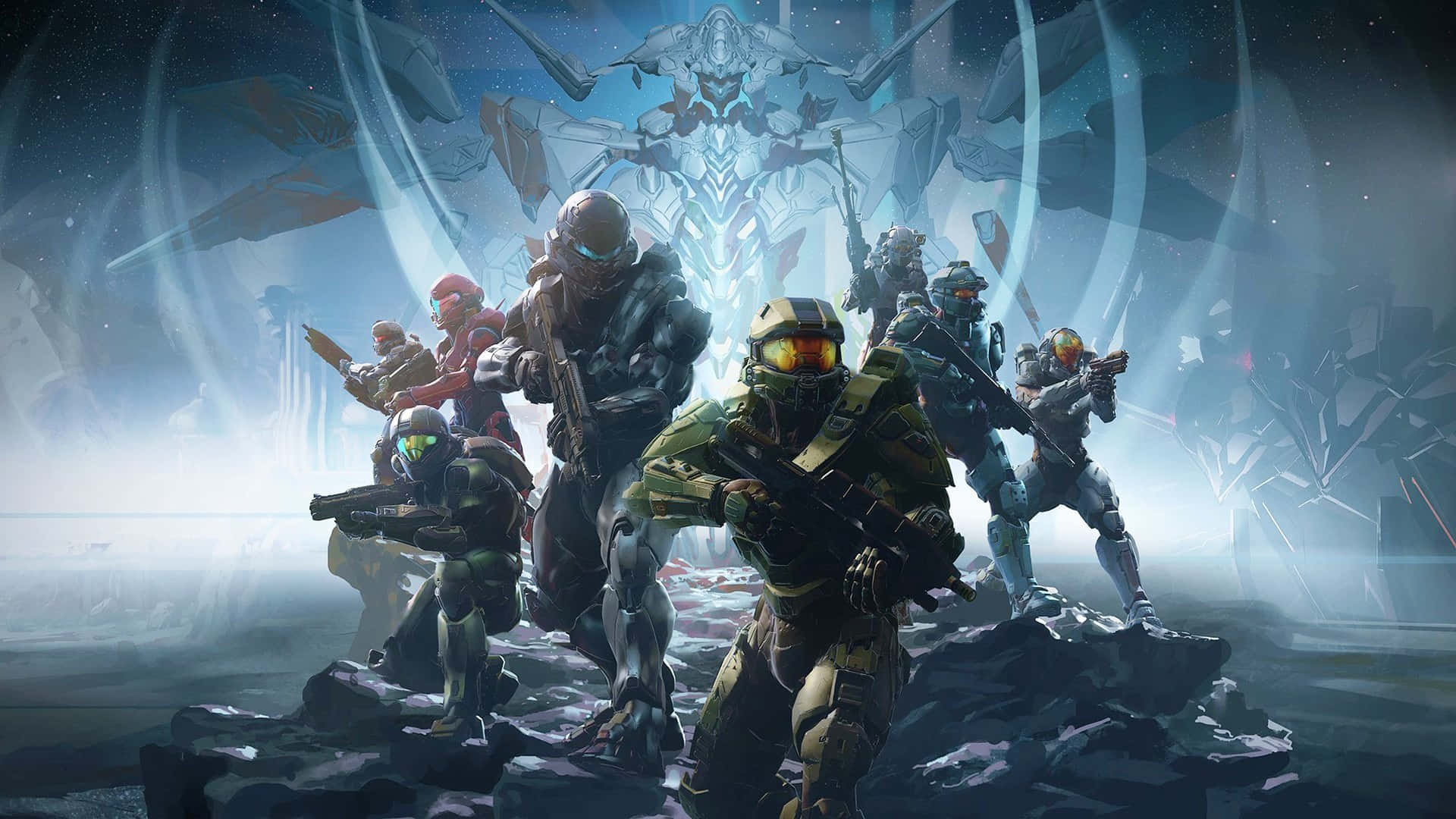 Halo 5 Blue Team, armored soldiers, rocky terrain, Full HD Desktop Wallpaper
