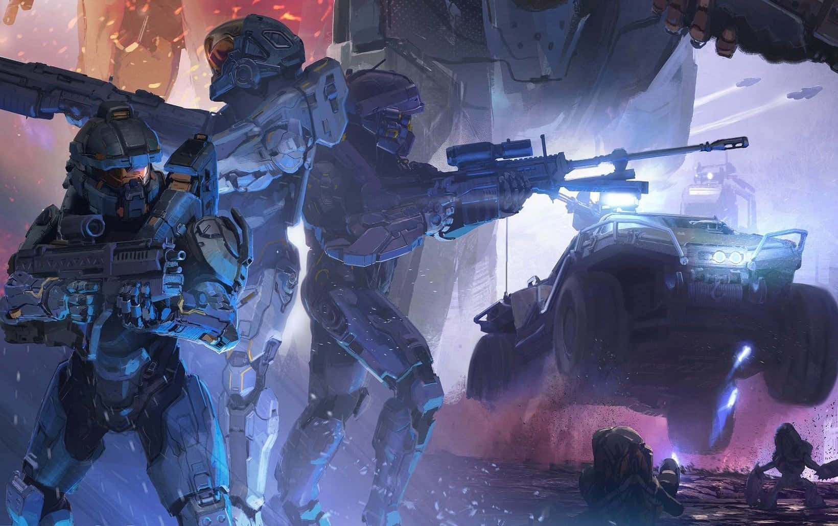 Halo 5 Blue Team, futuristic armor, fiery explosions, HD Desktop Wallpaper