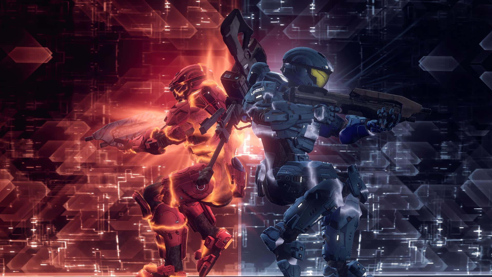 Halo 5 Blue Team, armored warriors, fiery digital battlefield, Full HD Desktop Wallpaper