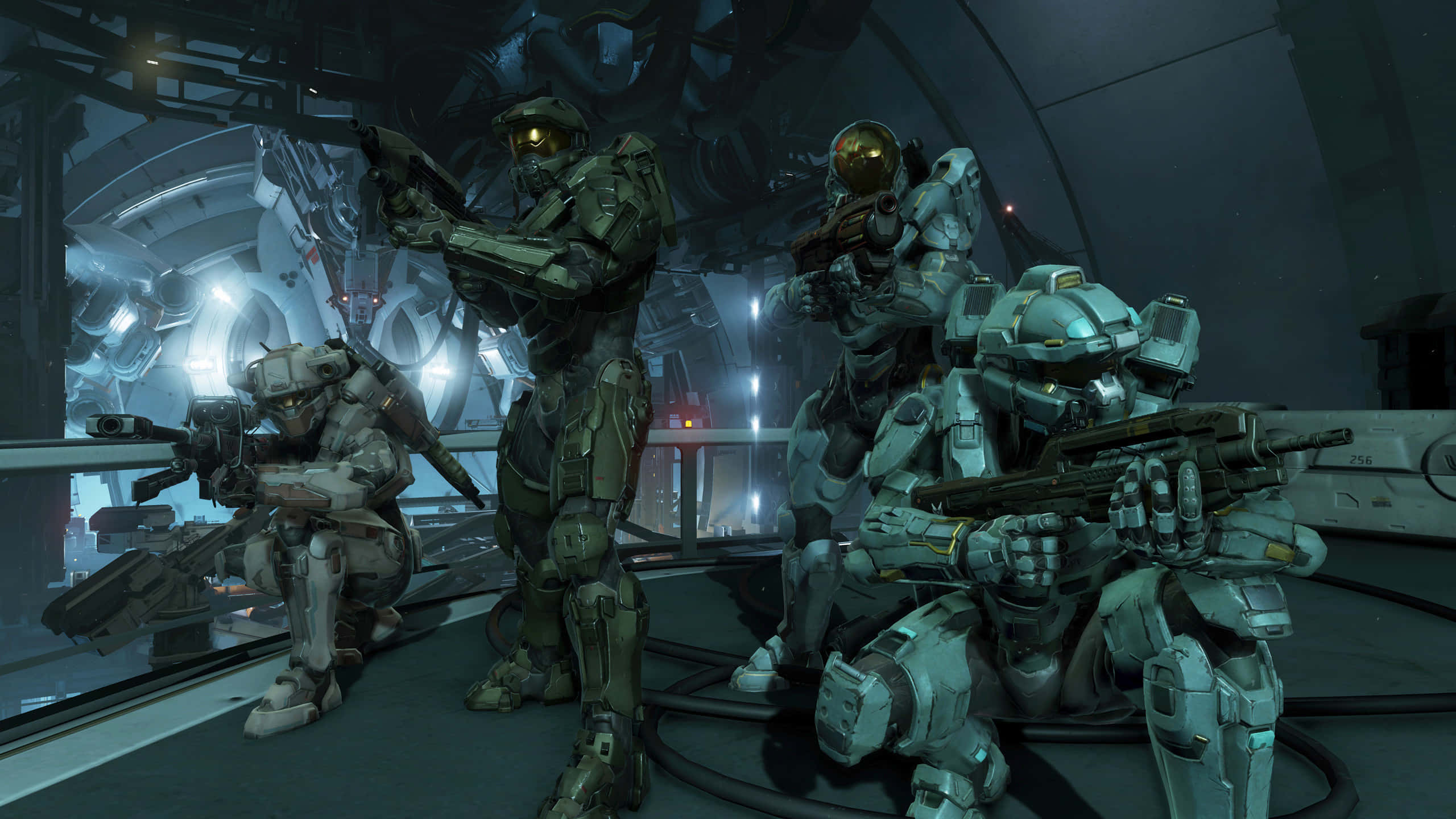Halo 5 Blue Team, futuristic combat gear, dimly lit sci-fi corridor, 2K Desktop Wallpaper