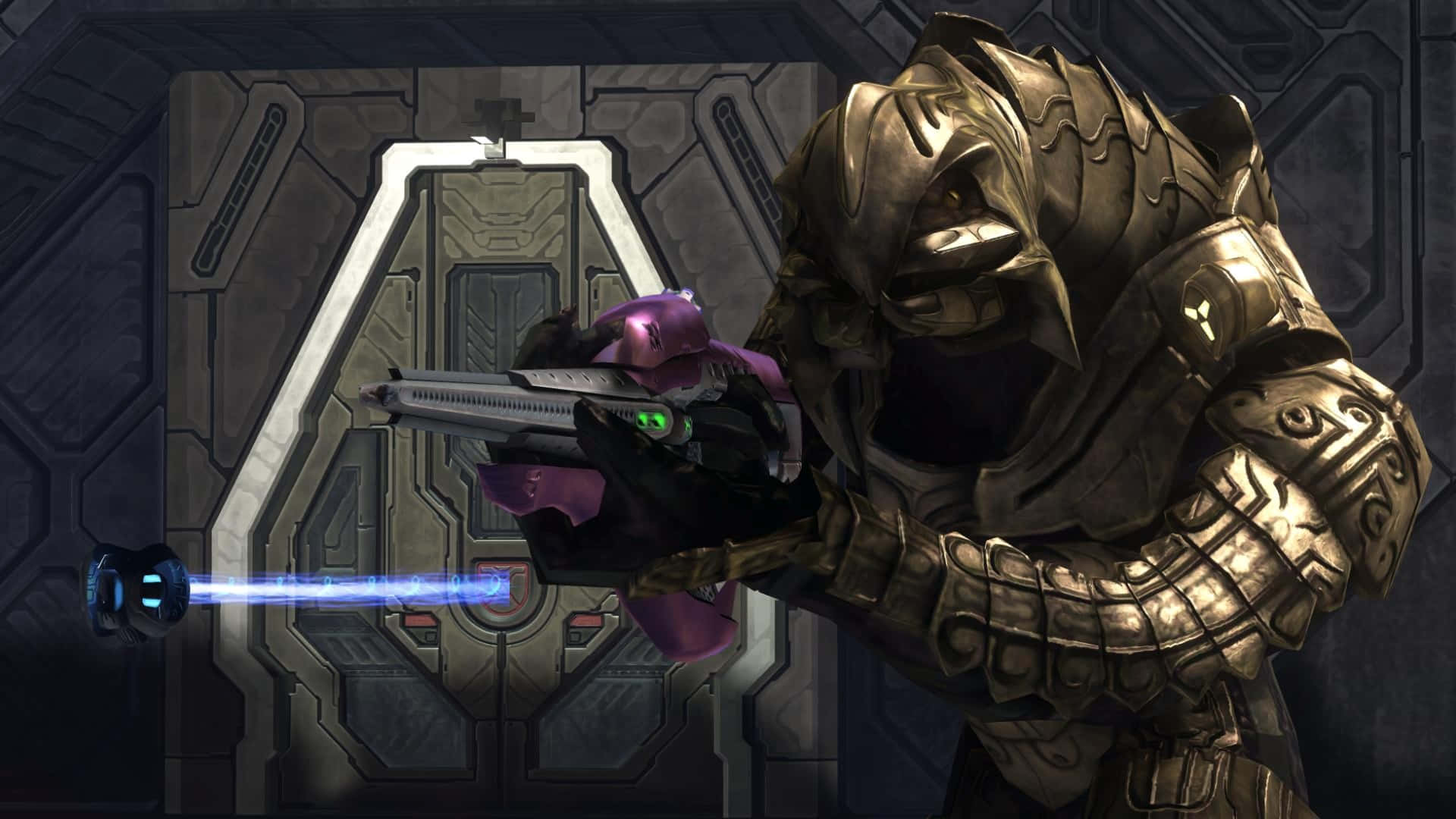 Halo Arbiter, gold armor, futuristic purple and silver weapon, Full HD Desktop Wallpaper