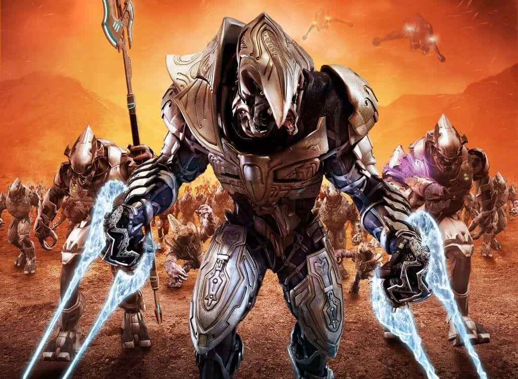 Halo Arbiter, glowing blue energy blades, fiery alien battlefield, SD Desktop Wallpaper