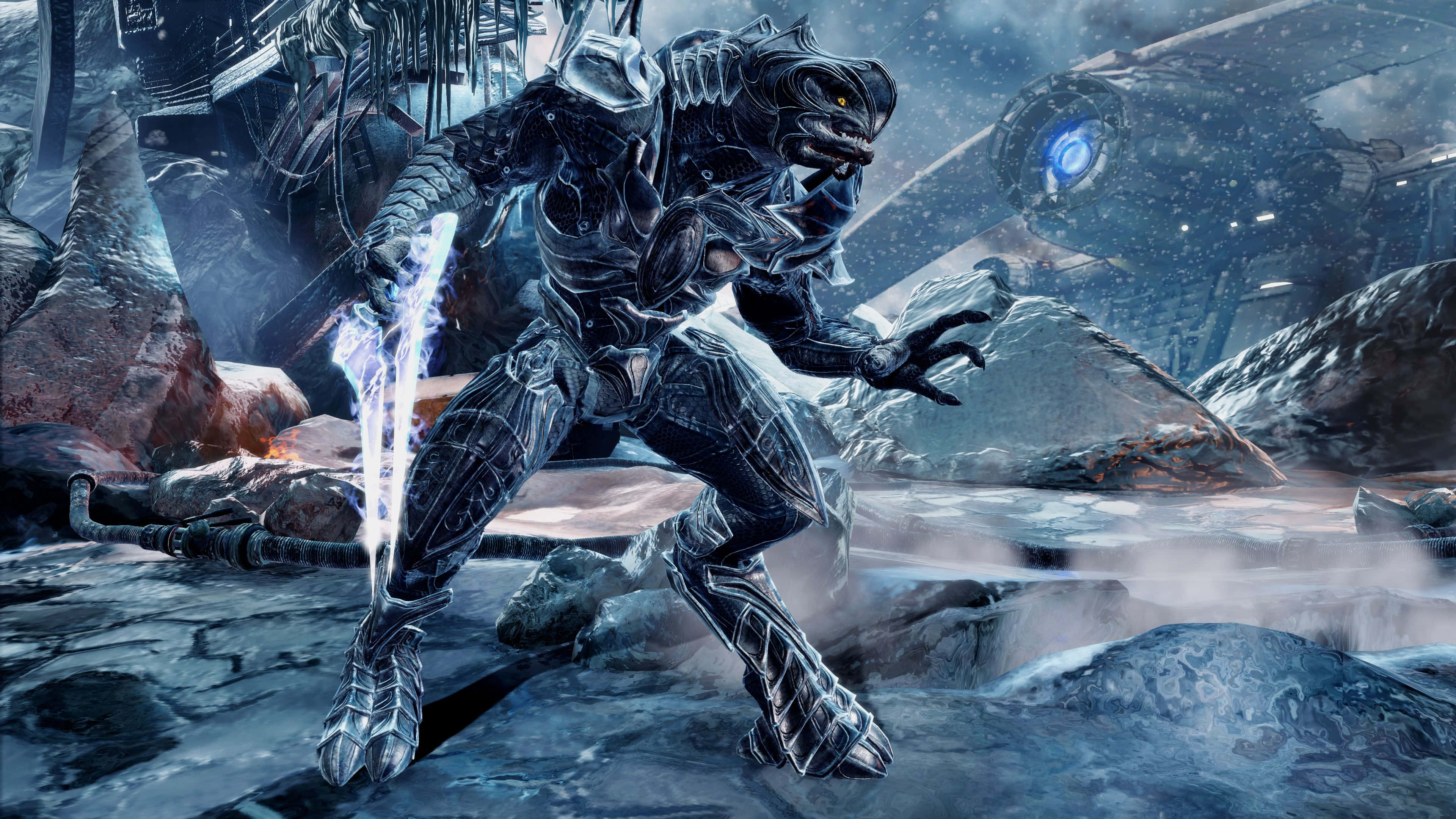 Halo Arbiter, glowing sword, snowy ruin, 4K Desktop Wallpaper