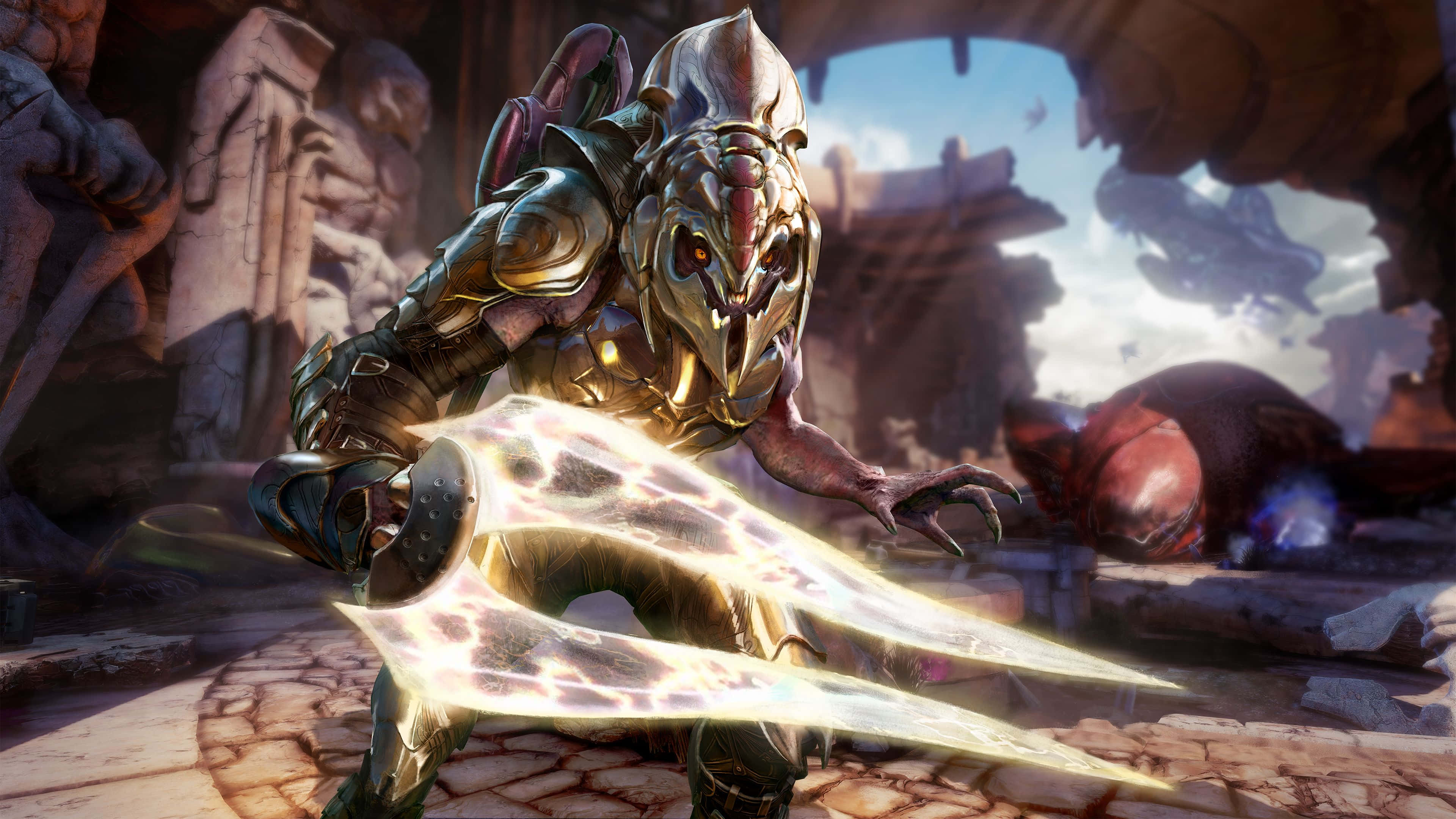 Halo Arbiter, glowing energy blade, sunlit ruin, 4K Desktop Wallpaper