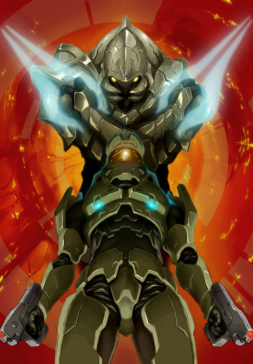 Halo Arbiter, glowing yellow eyes, blue energy blades, SD Phone Wallpaper