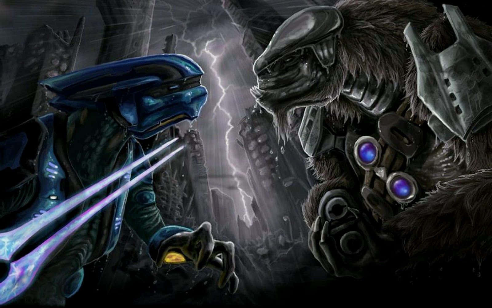 Halo Arbiter, stormy ruin, glowing weapon, HD Desktop Wallpaper