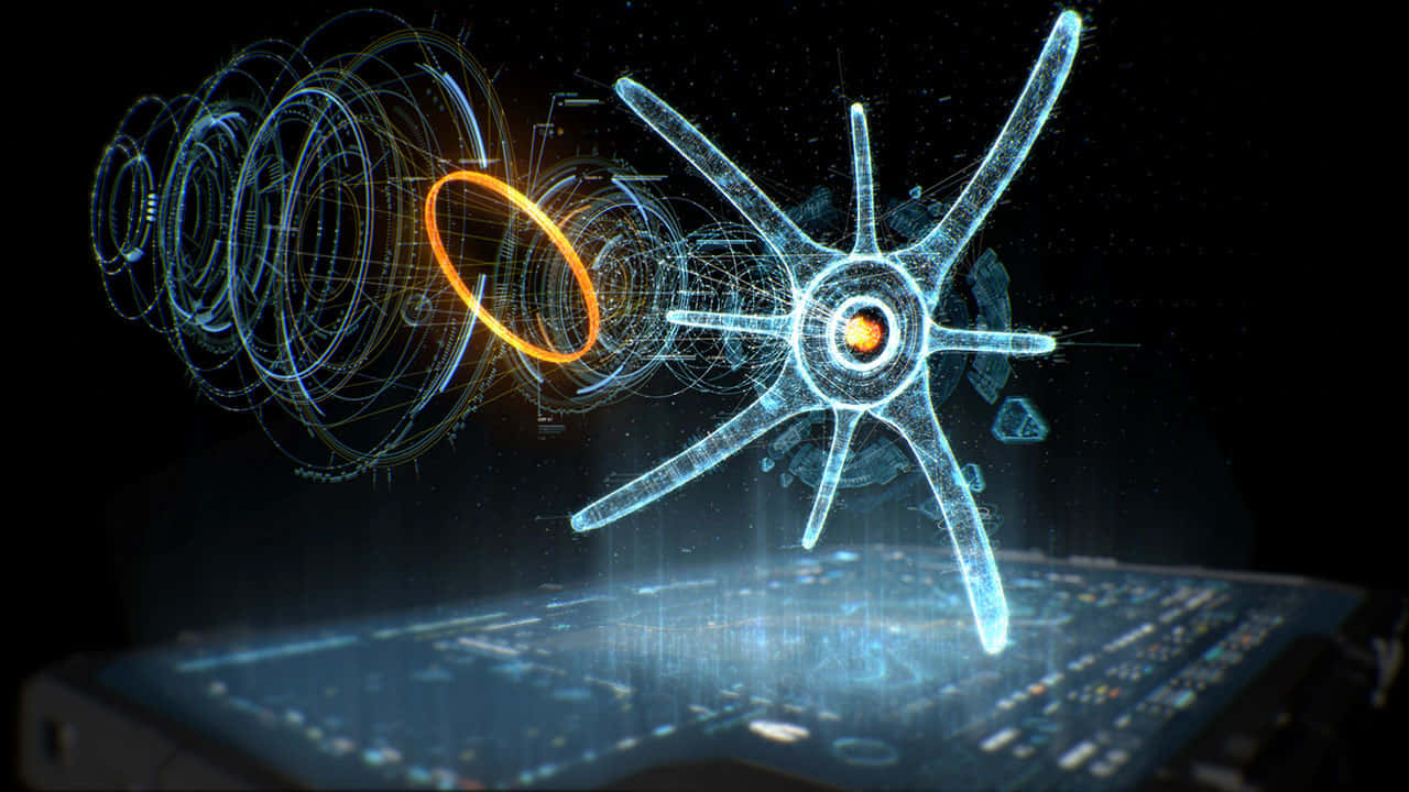 Halo Ark, blue neural network hologram, keyboard, HD Desktop Wallpaper