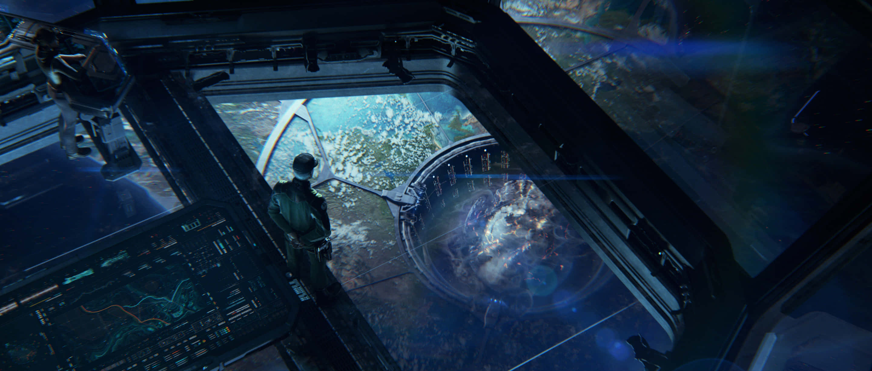 Halo Ark, futuristic space station, glowing alien planet, 2K Desktop Wallpaper