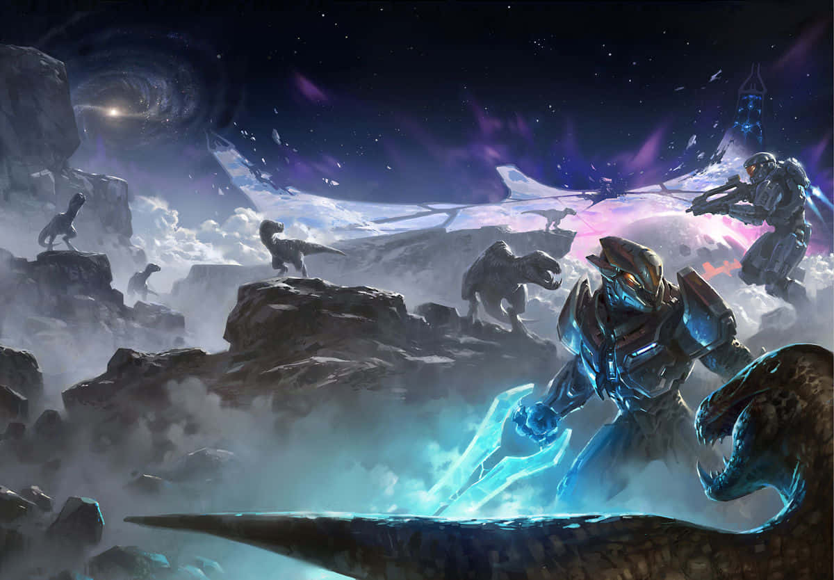 Halo Ark, glowing blue sword, cosmic battlefield, SD Desktop Wallpaper